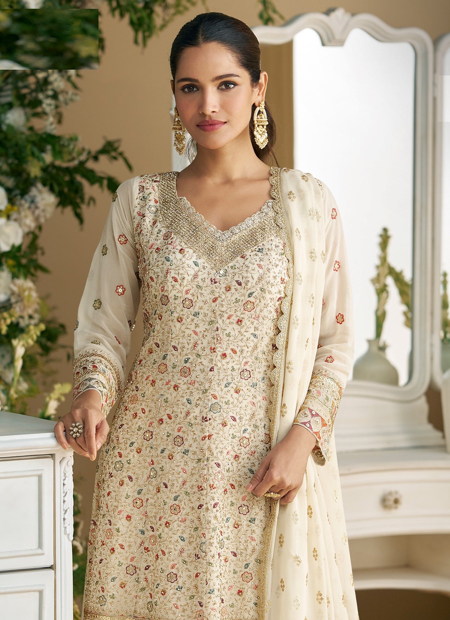 Cream Palazzo Style Salwar Suit With Heavy Embroidery Work