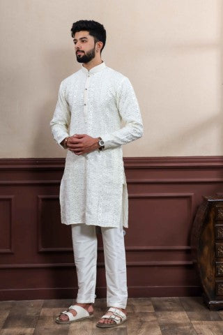 Cream Partywear Kurta Pajama with Designer Embroidery