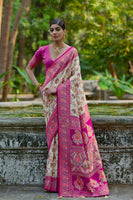 Cream Pashmina Silk Saree with Floral Jal and Thread Pallu