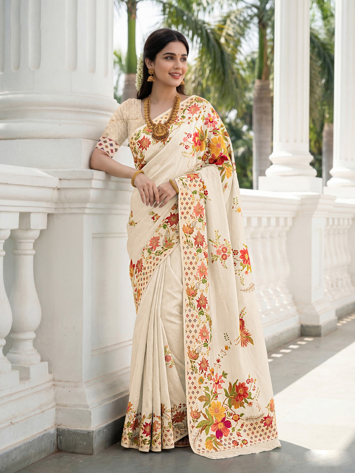 Cream Premium Russian Silk Saree With Designer Floral Position Print