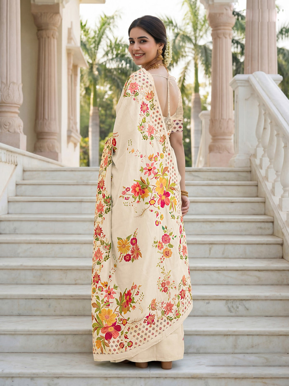 Cream Premium Russian Silk Saree With Designer Floral Position Print