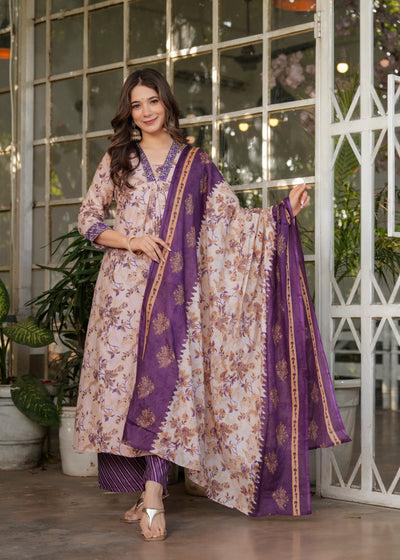 Cream Pure Cotton Elegant Kurta Pant Set With Embroidery Work