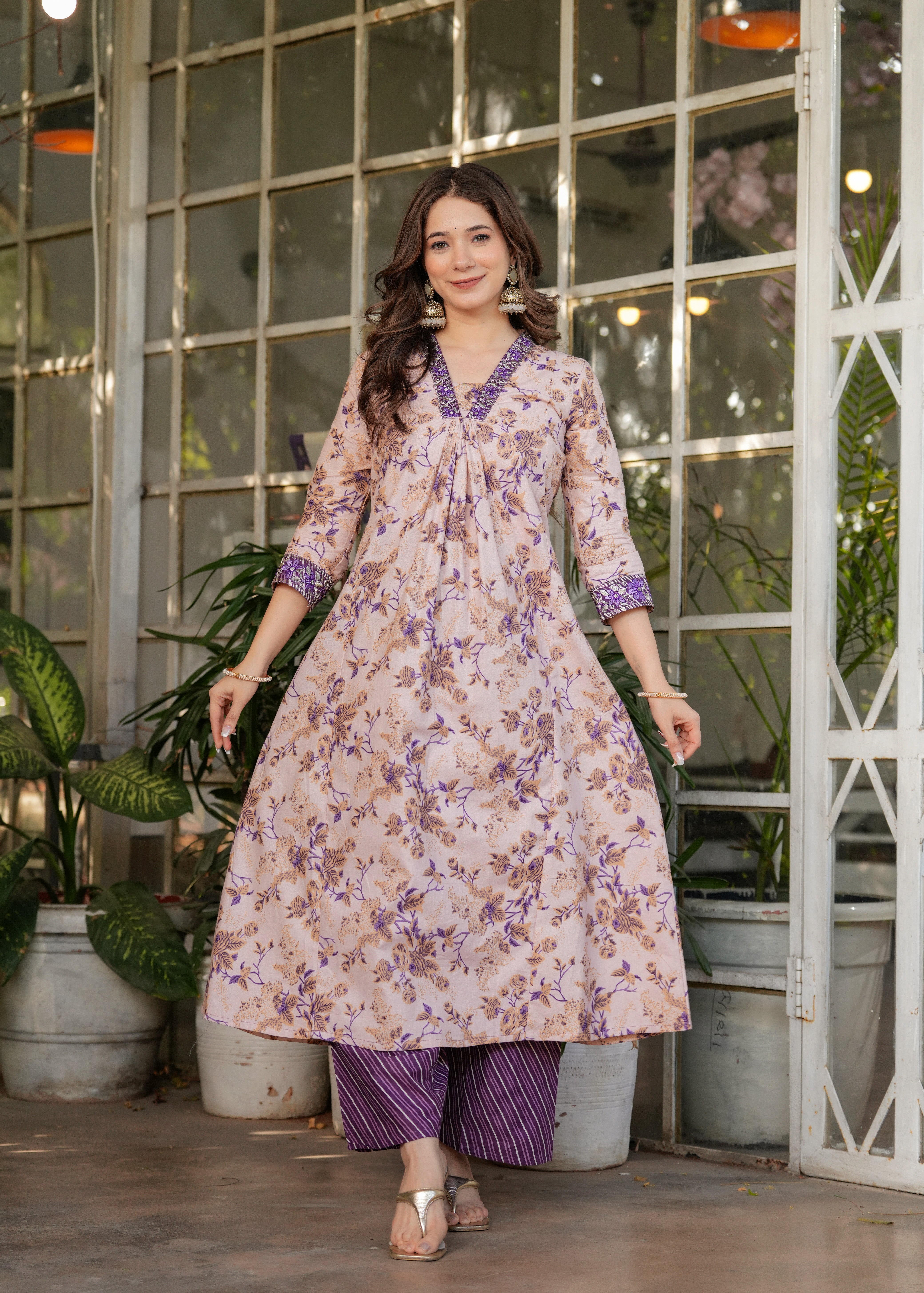 Cream Pure Cotton Kurta Pant Set With Print With Thread Embroidered
