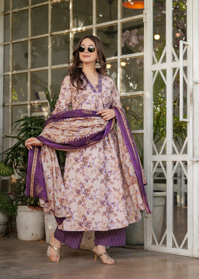 Cream Pure Cotton Kurta Pant Set With Print With Thread Embroidered