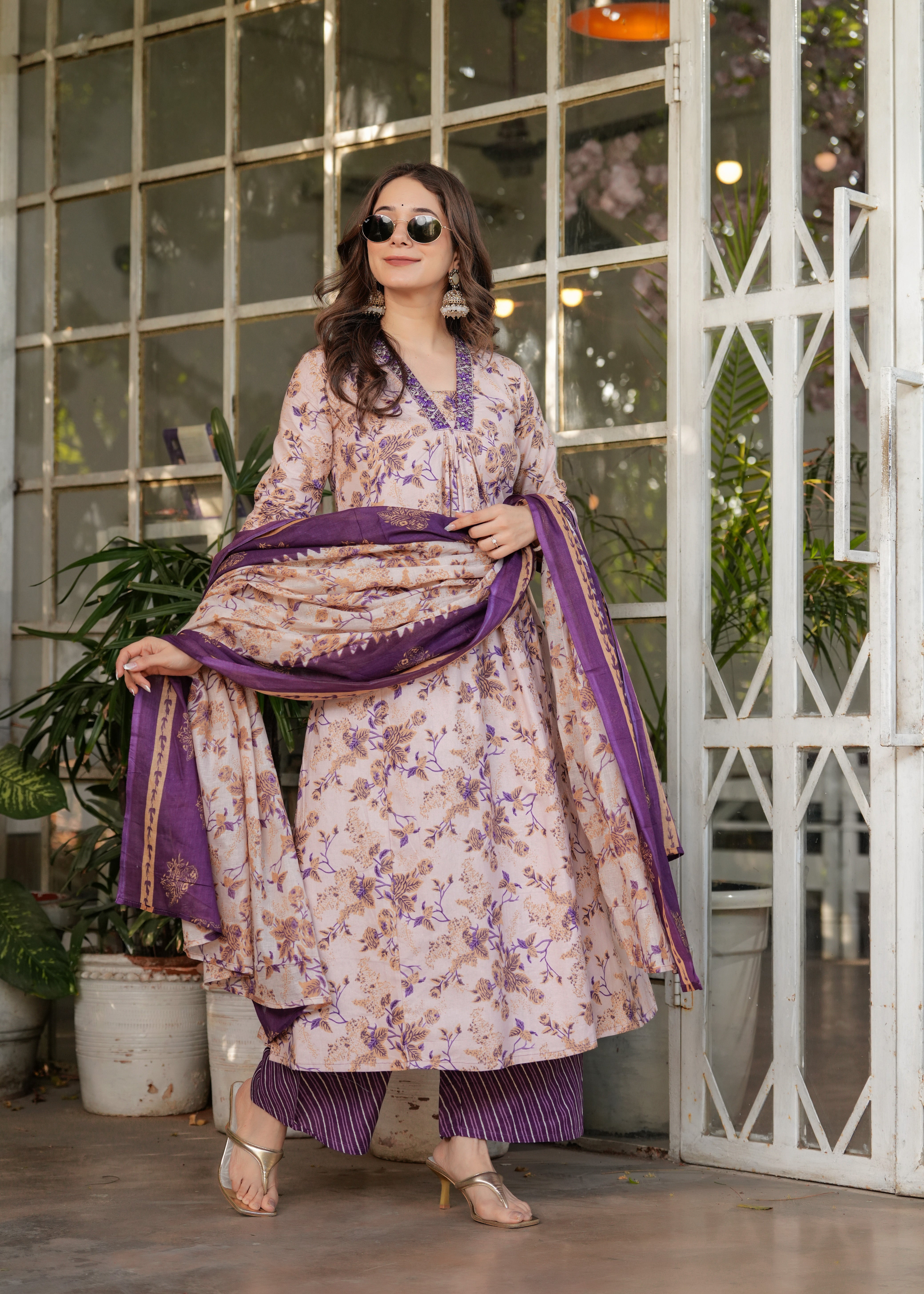 Cream Pure Cotton Kurta Pant Set With Print With Thread Embroidered