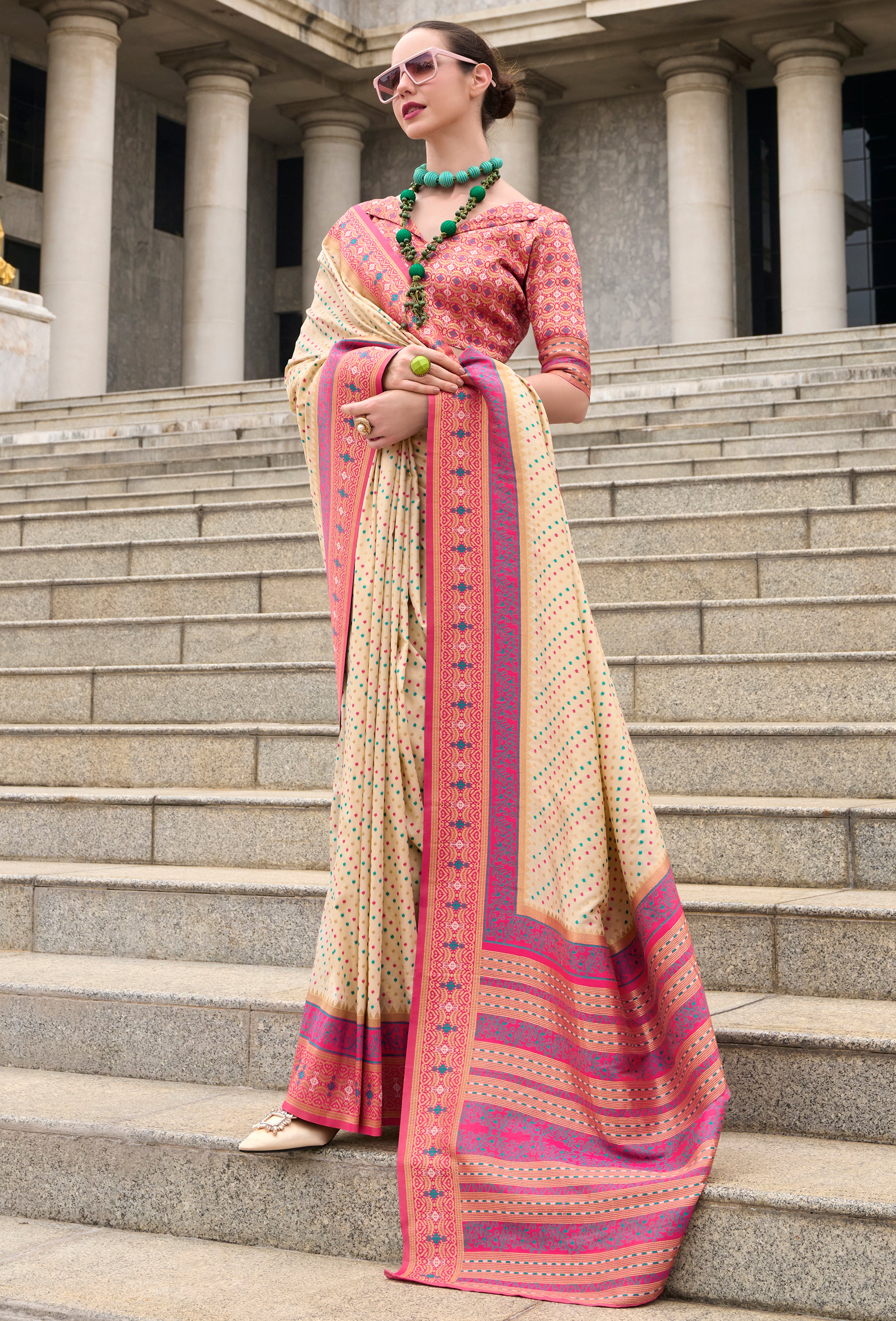 Cream Pure Soft Banarasi Silk Saree With Jacquard Woven Work