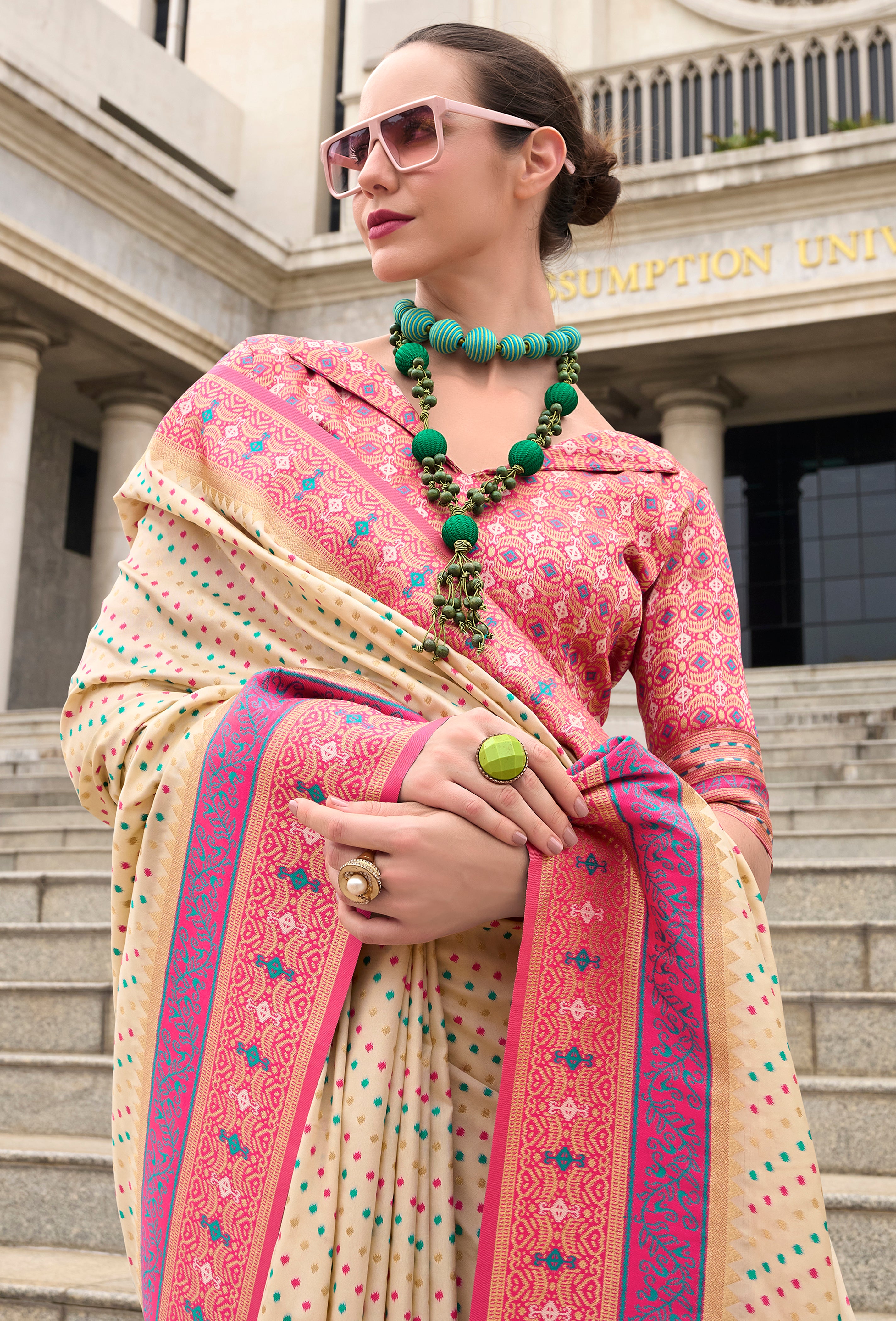 Cream Pure Soft Banarasi Silk Saree With Jacquard Woven Work