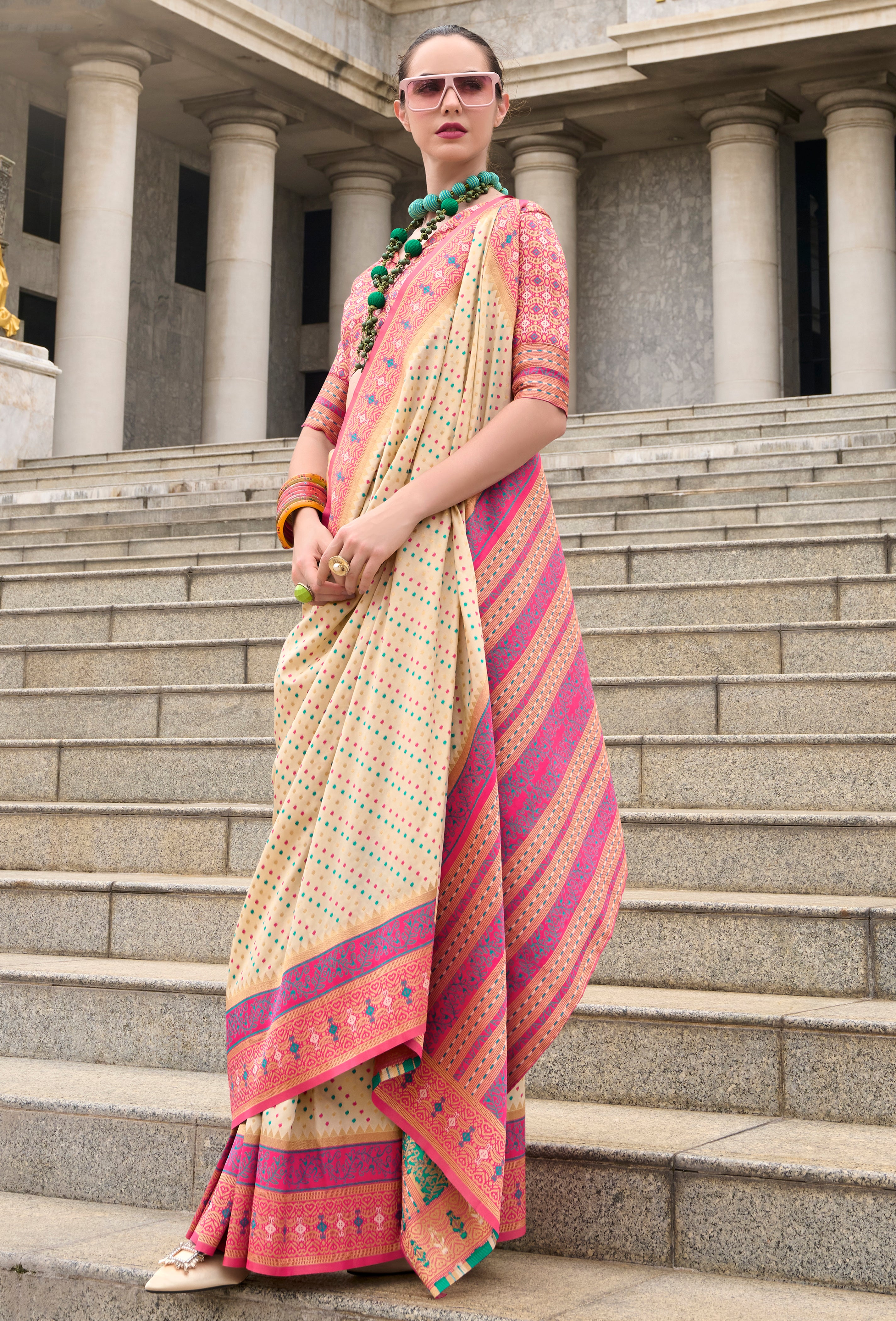 Cream Pure Soft Banarasi Silk Saree With Jacquard Woven Work