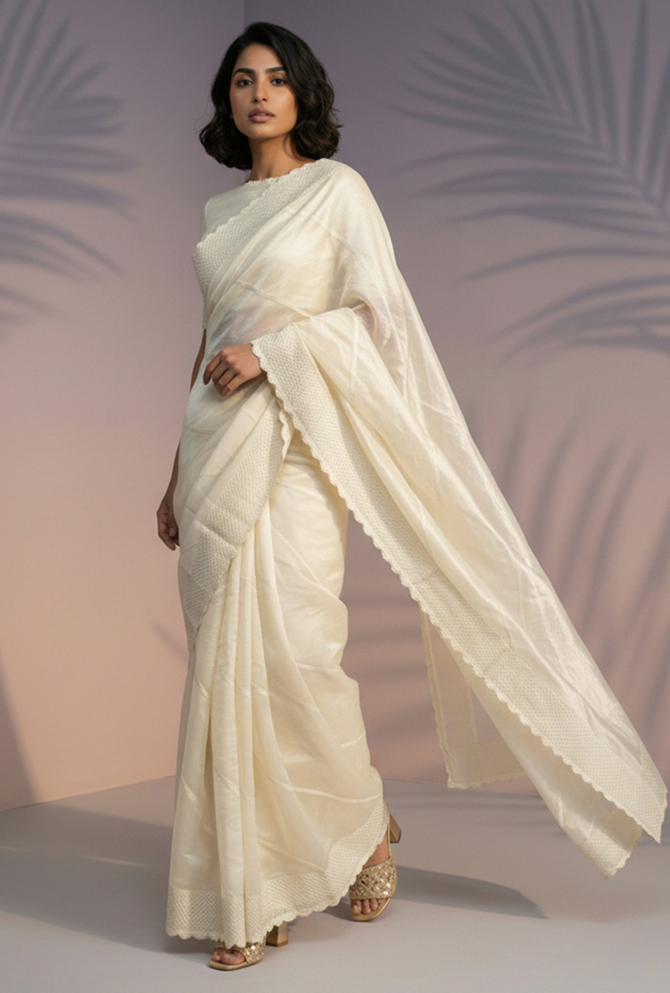 Cream Rasberry Silk Saree with Designer Embroidery Sequins Work