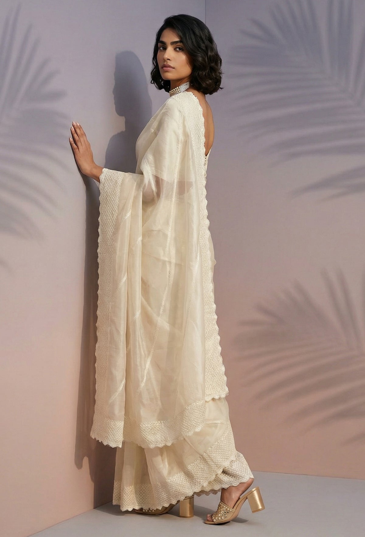 Cream Rasberry Silk Saree with Designer Embroidery Sequins Work