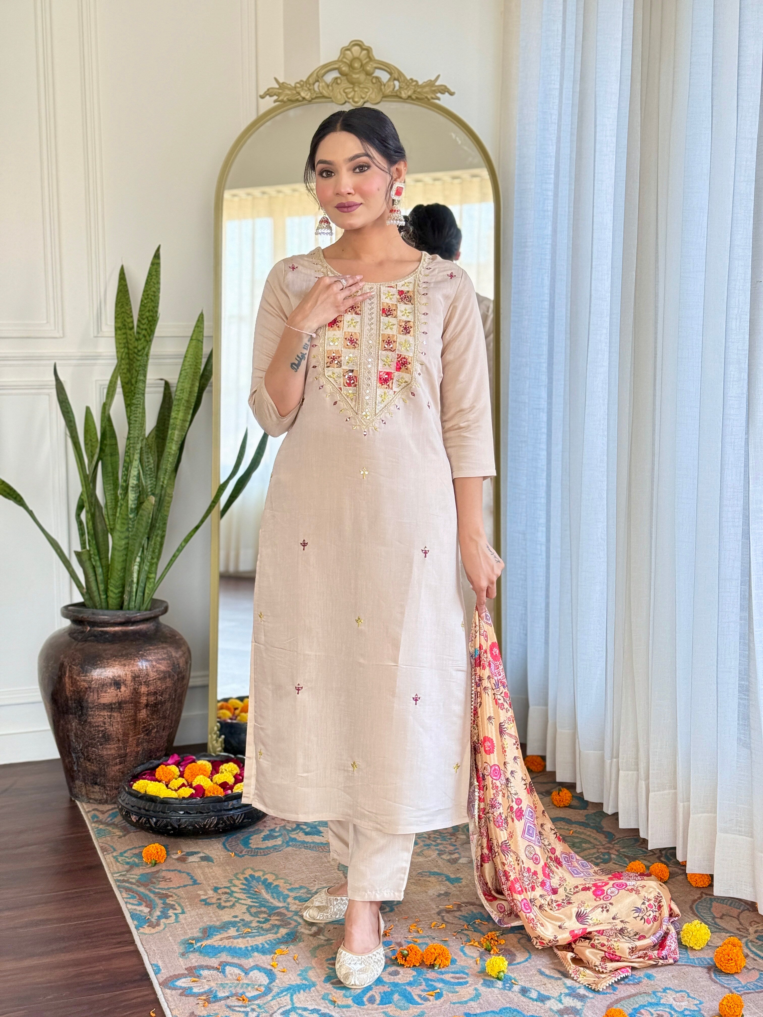 Cream Rayon Elegant Kurta Pant Set With Embroidery Work