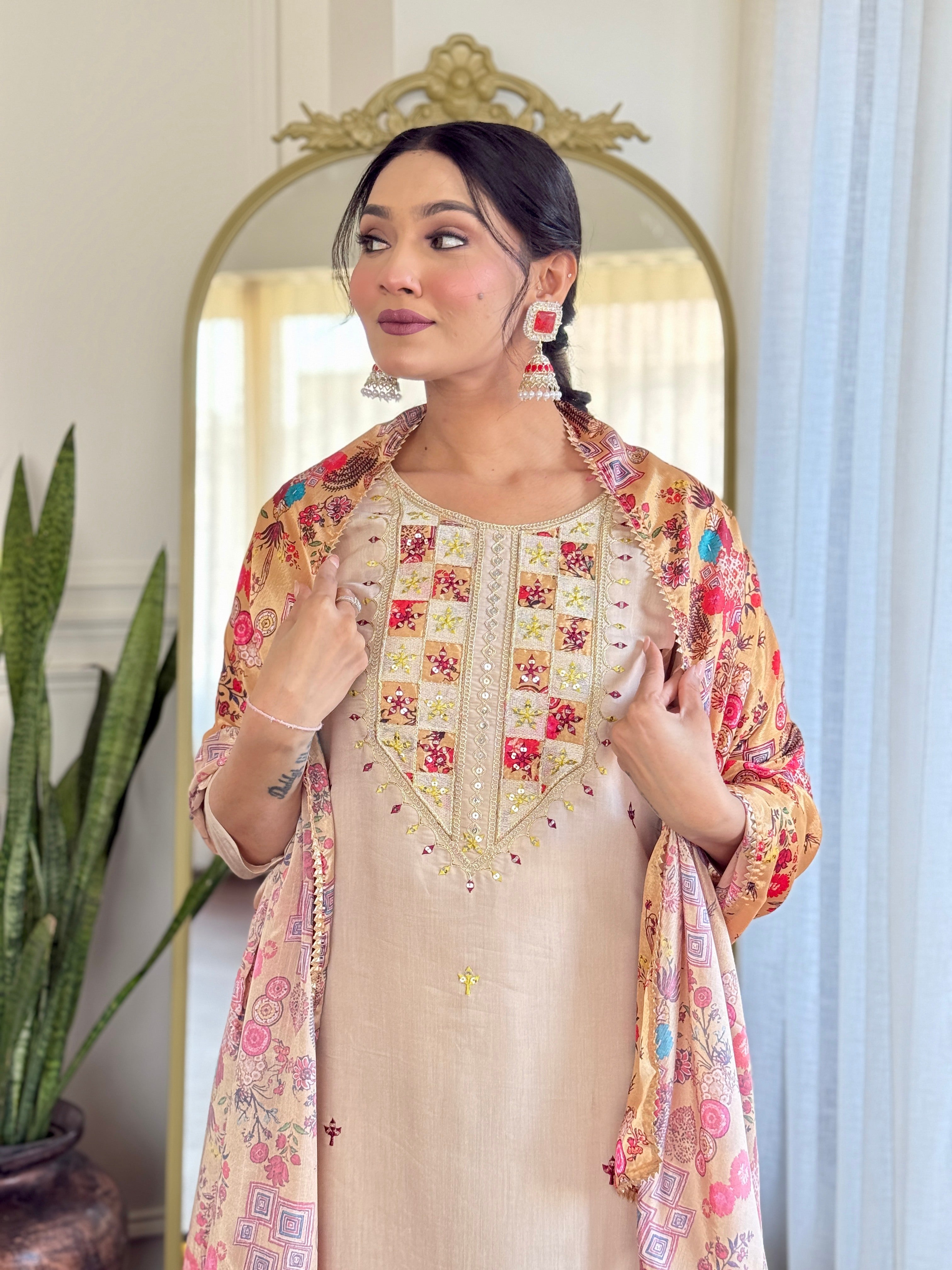 Cream Rayon Elegant Kurta Pant Set With Embroidery Work
