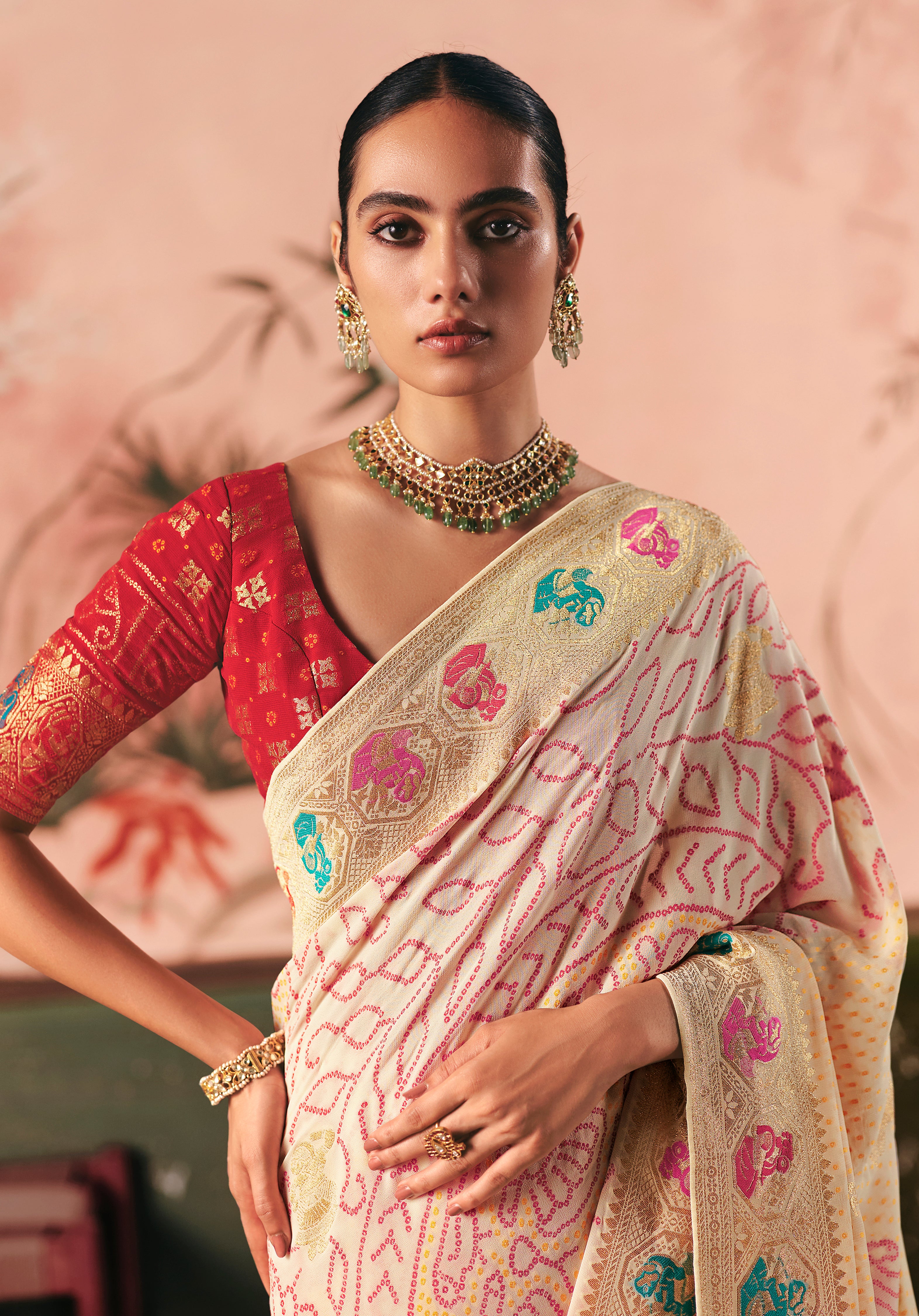 Cream Saree With  Designer Bandhej Weaving Work With Beutifull Tassles Attached