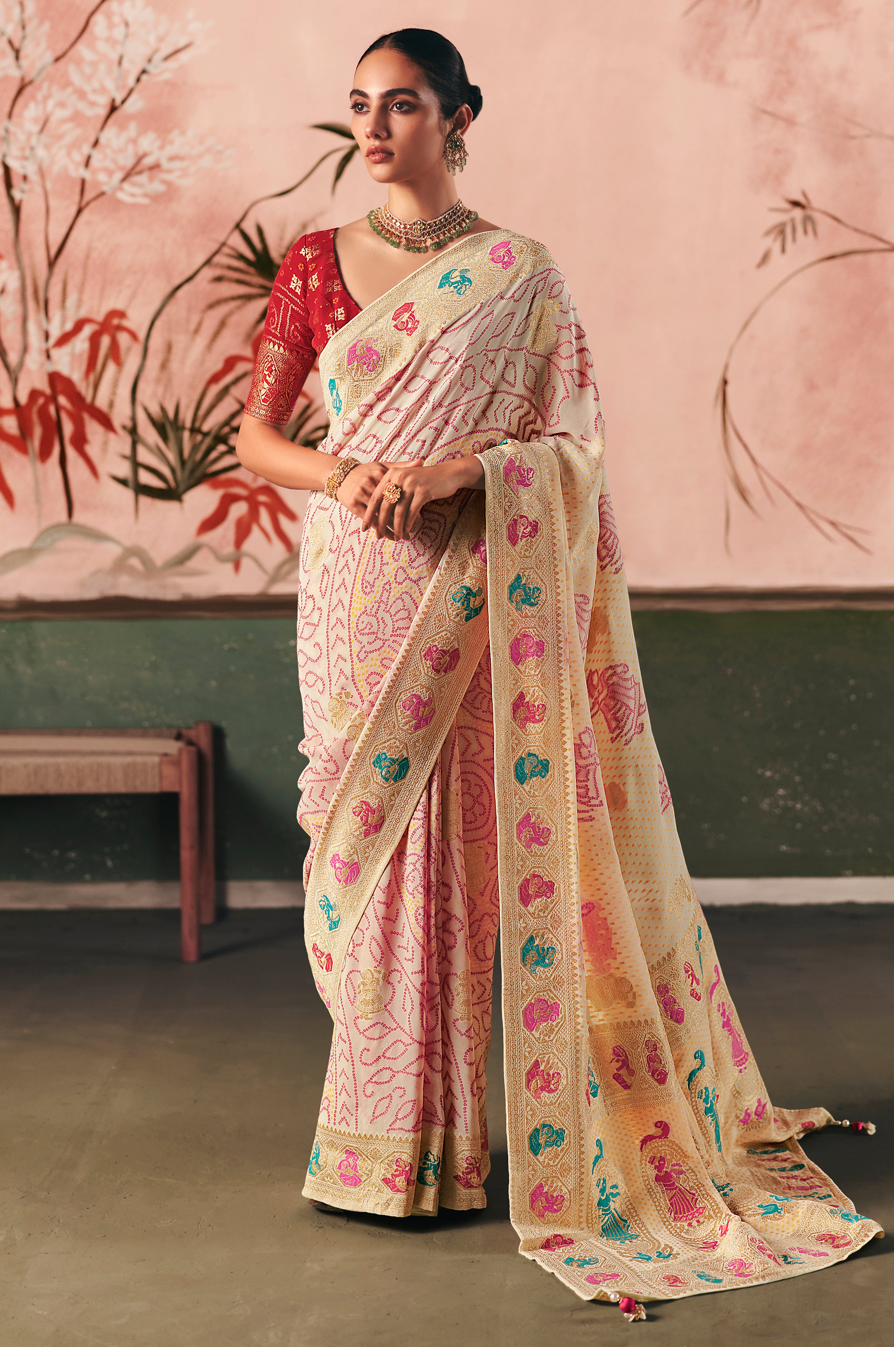 Cream Saree With  Designer Bandhej Weaving Work With Beutifull Tassles Attached
