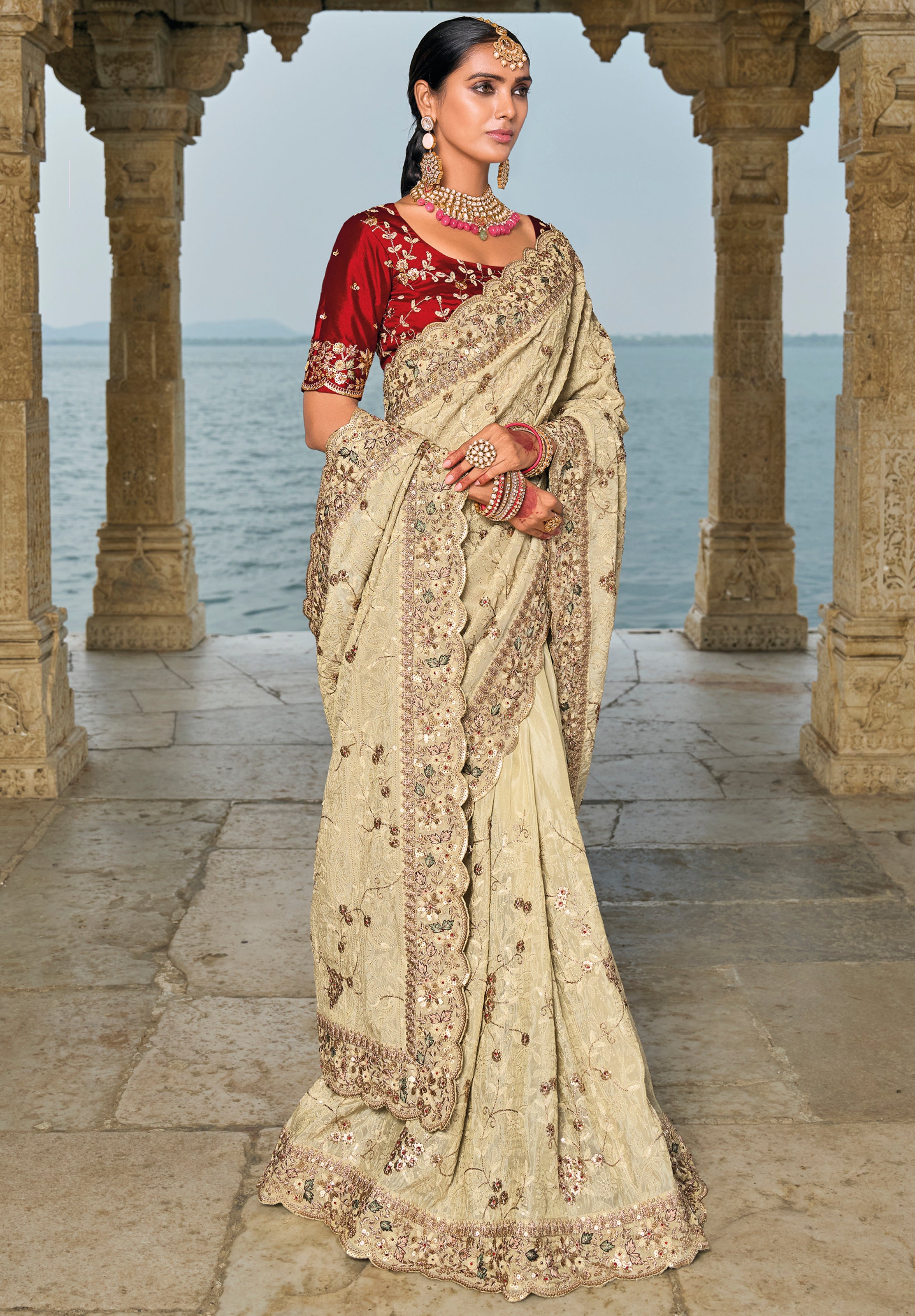 Cream Saree With Heavy Embroidered Work