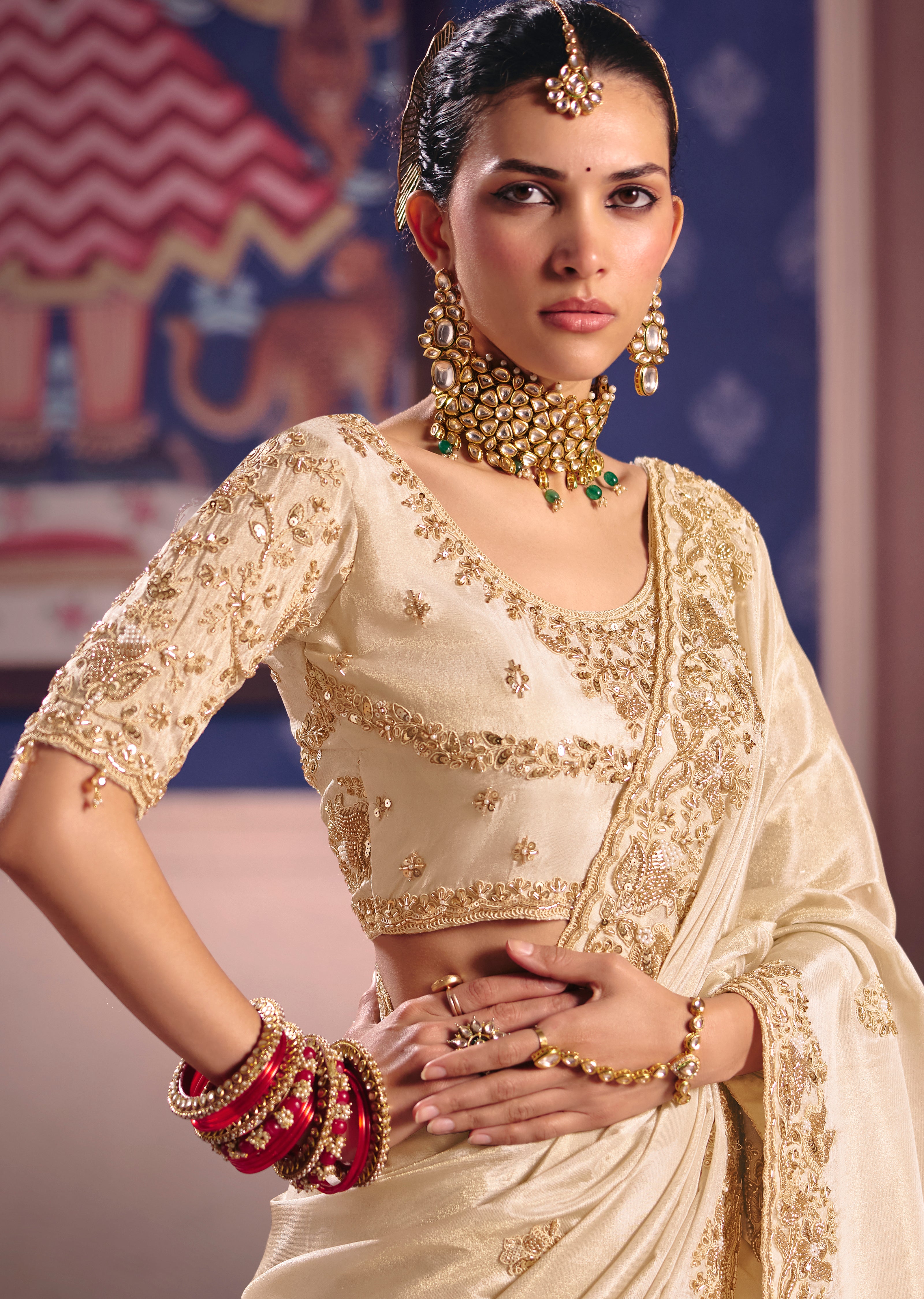 Cream Saree With  Heavy Embroidery, Beads With Sequince Work