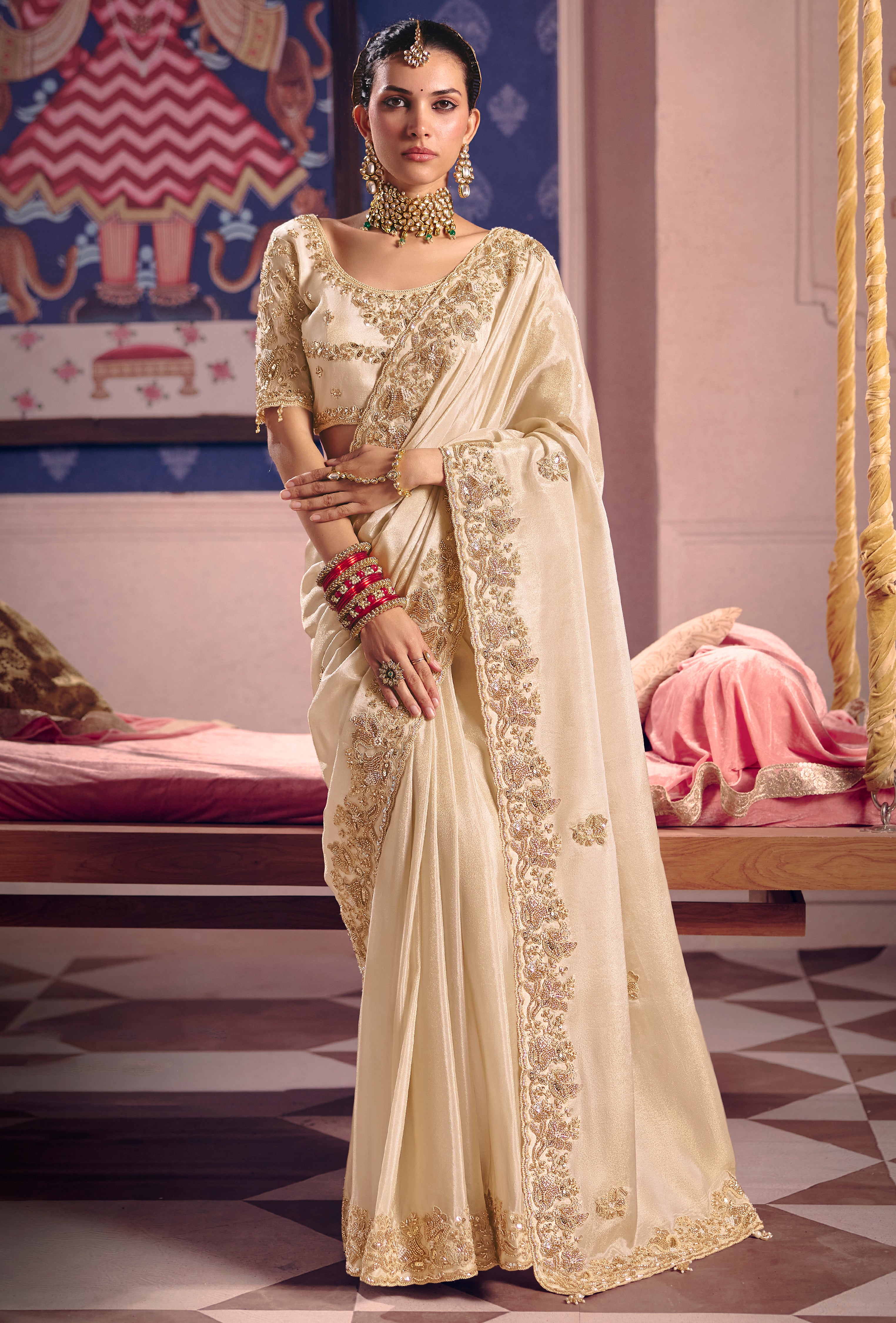 Cream Saree With  Heavy Embroidery, Beads With Sequince Work