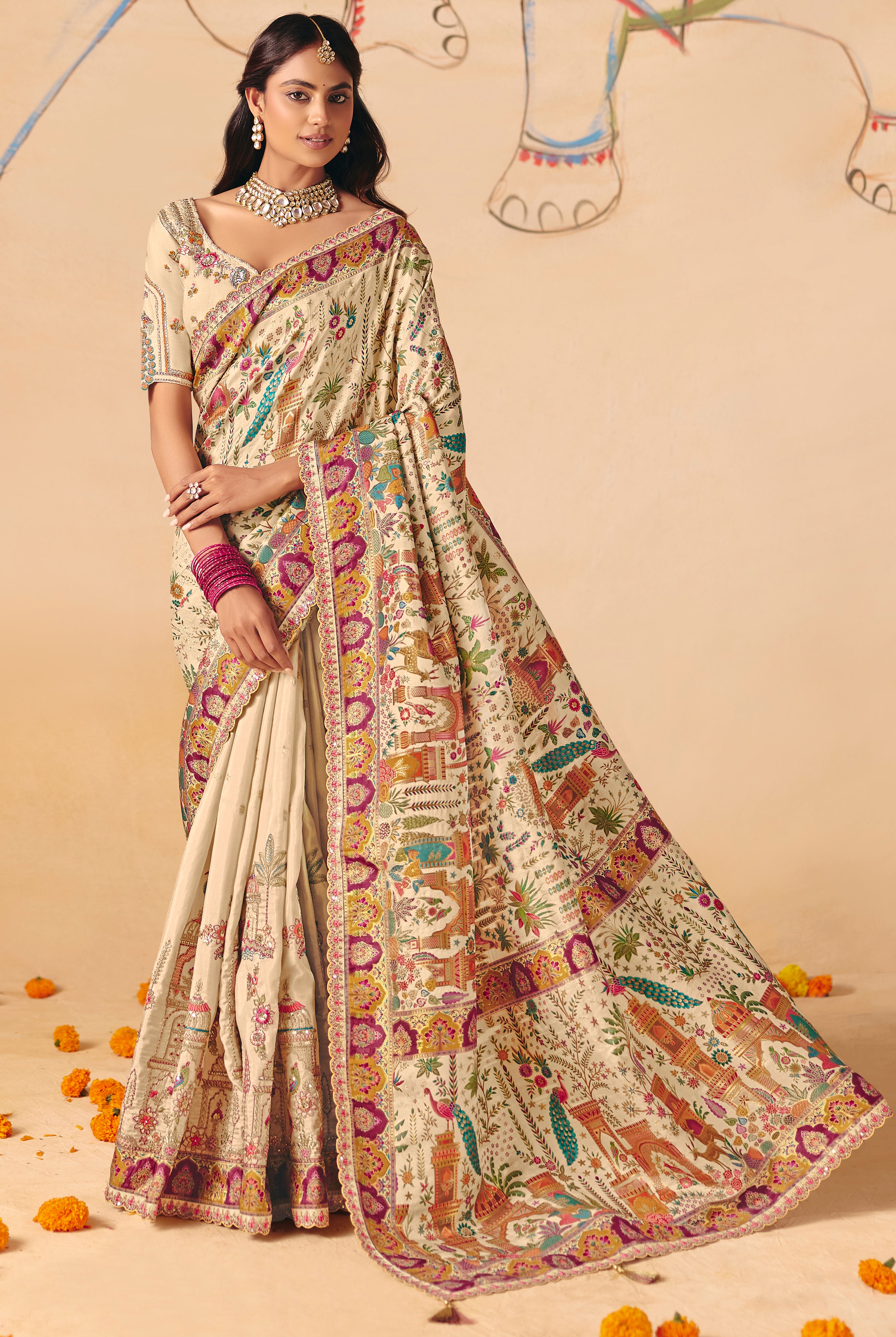 Cream Saree With  Heavy Embroidery, Sequin, Thread, and Stone Work On Patli & Cutwork Lace With Heavy Work Blouse