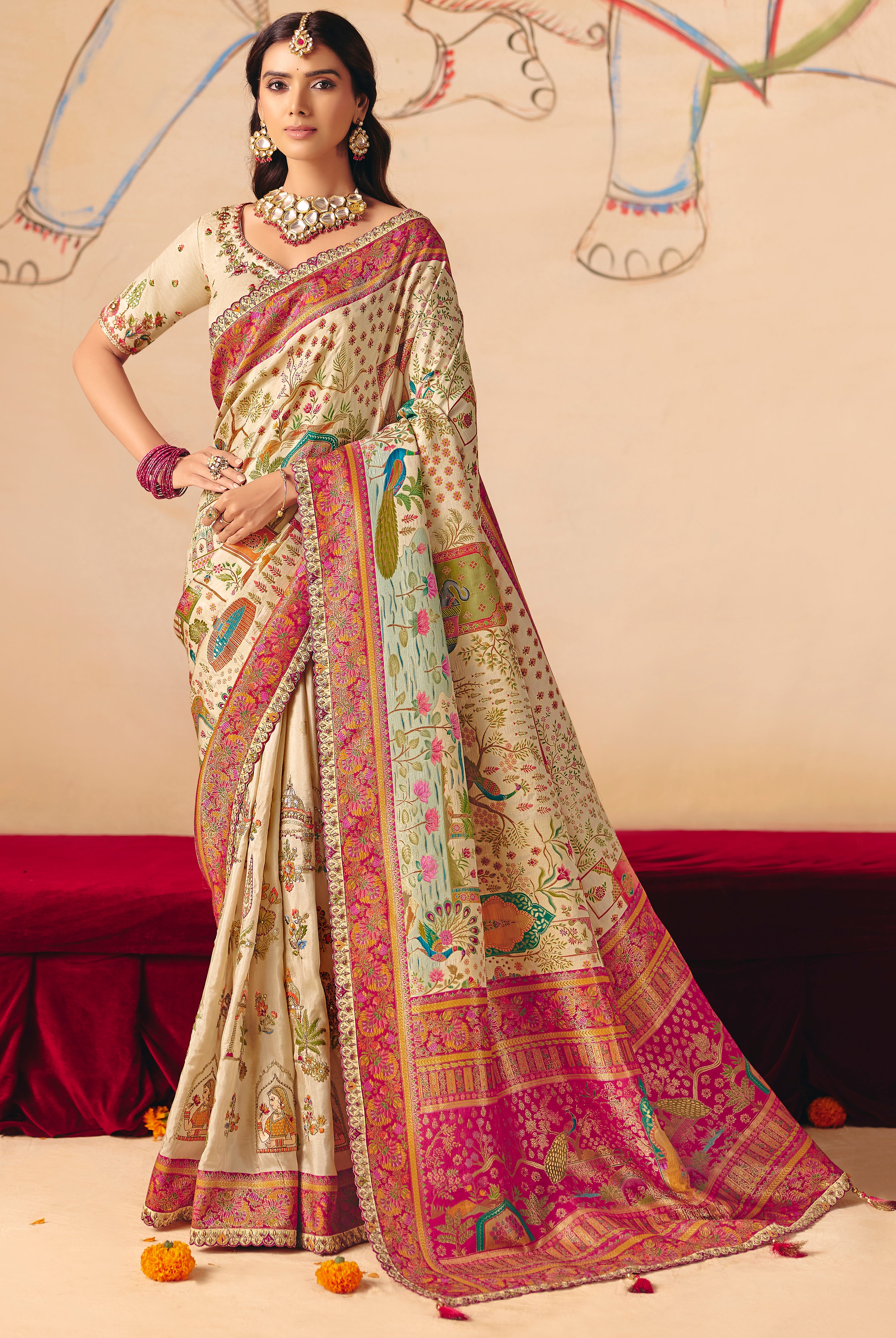 Cream Saree With  Heavy Embroidery, Sequin, Thread, and Stone Work On Patli & Cutwork Lace With Heavy Work Blouse