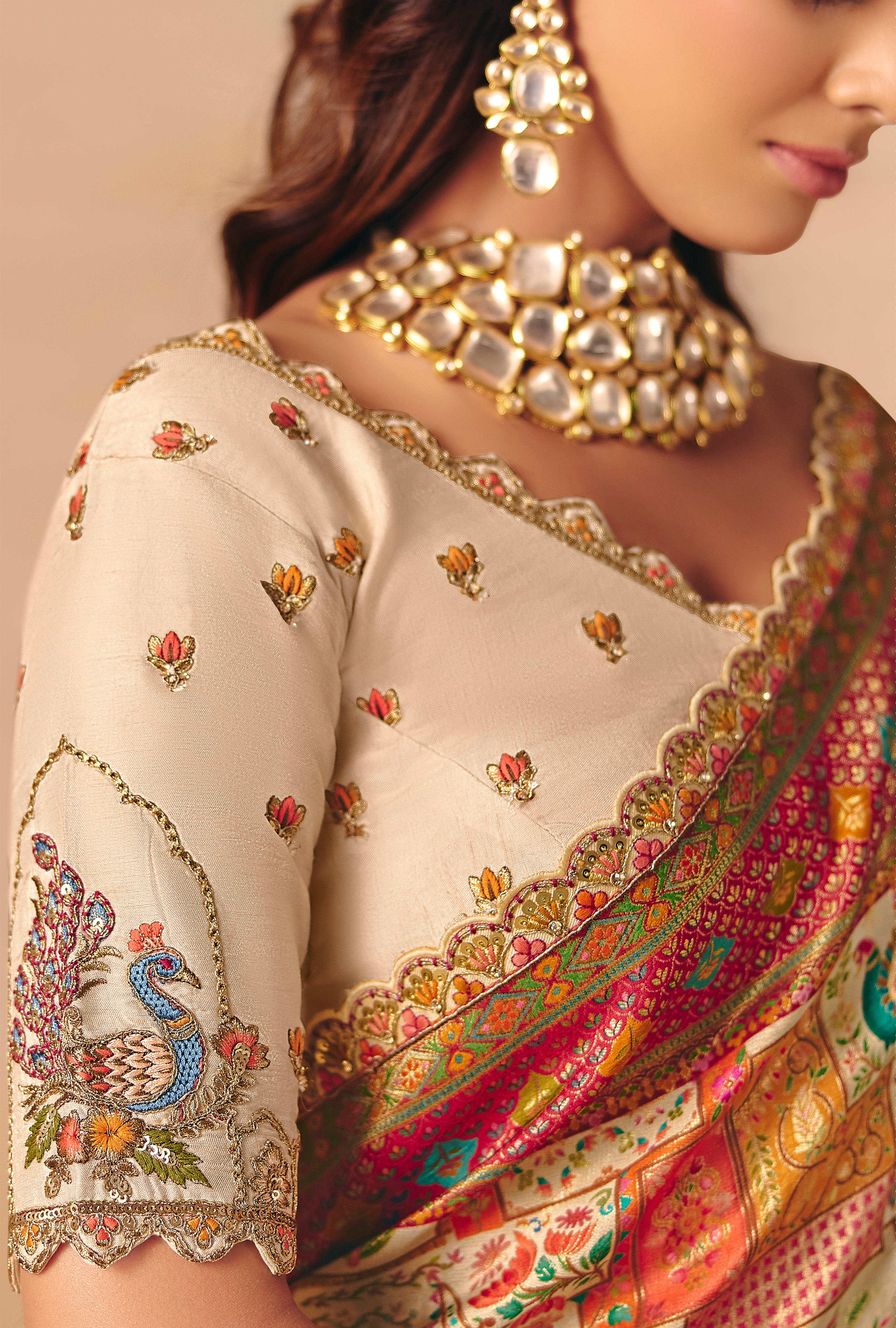 Cream Saree With  Heavy Embroidery, Sequin, Thread, and Stone Work On Patli & Cutwork Lace With Heavy Work Blouse