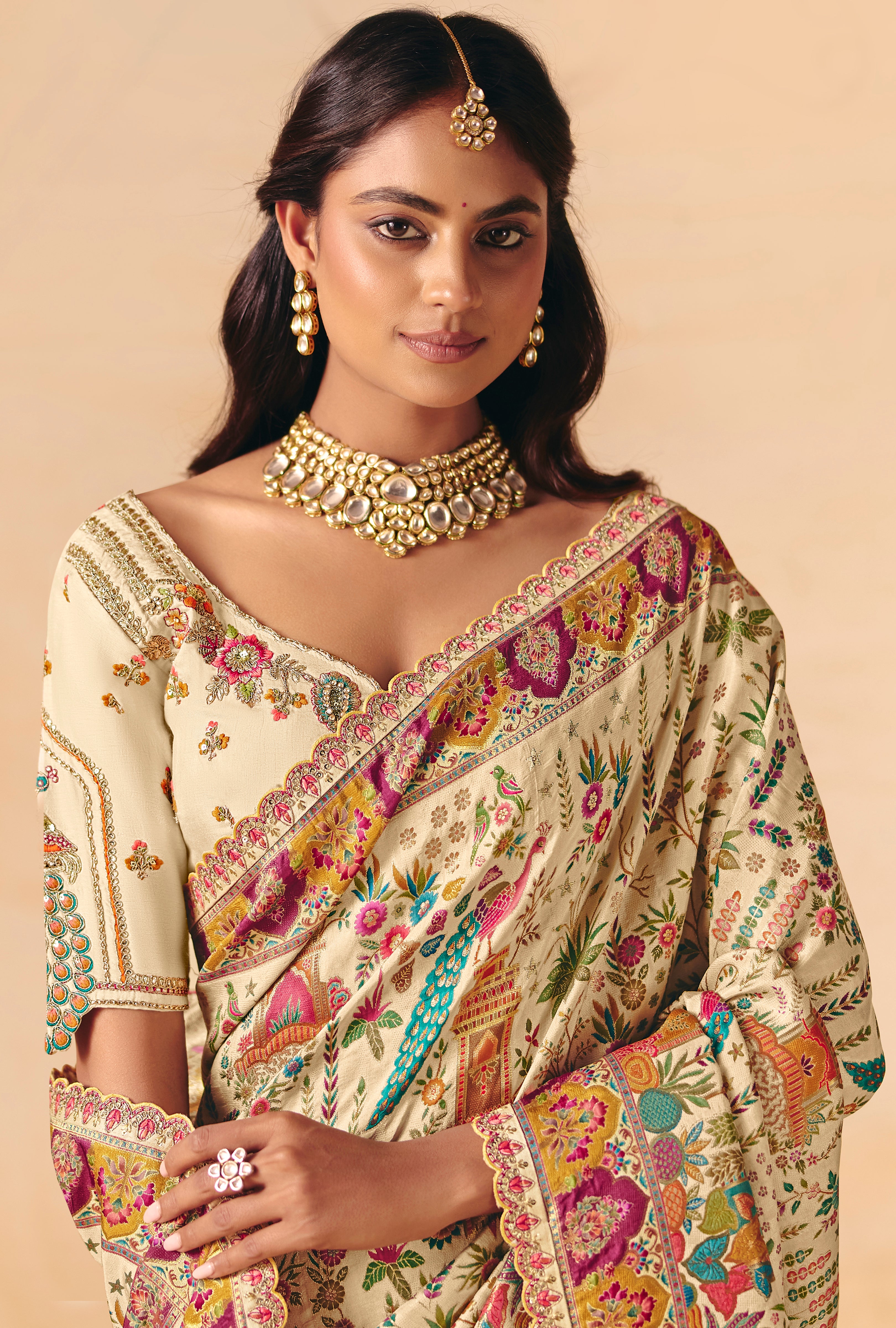 Cream Saree With  Heavy Embroidery, Sequin, Thread, and Stone Work On Patli & Cutwork Lace With Heavy Work Blouse