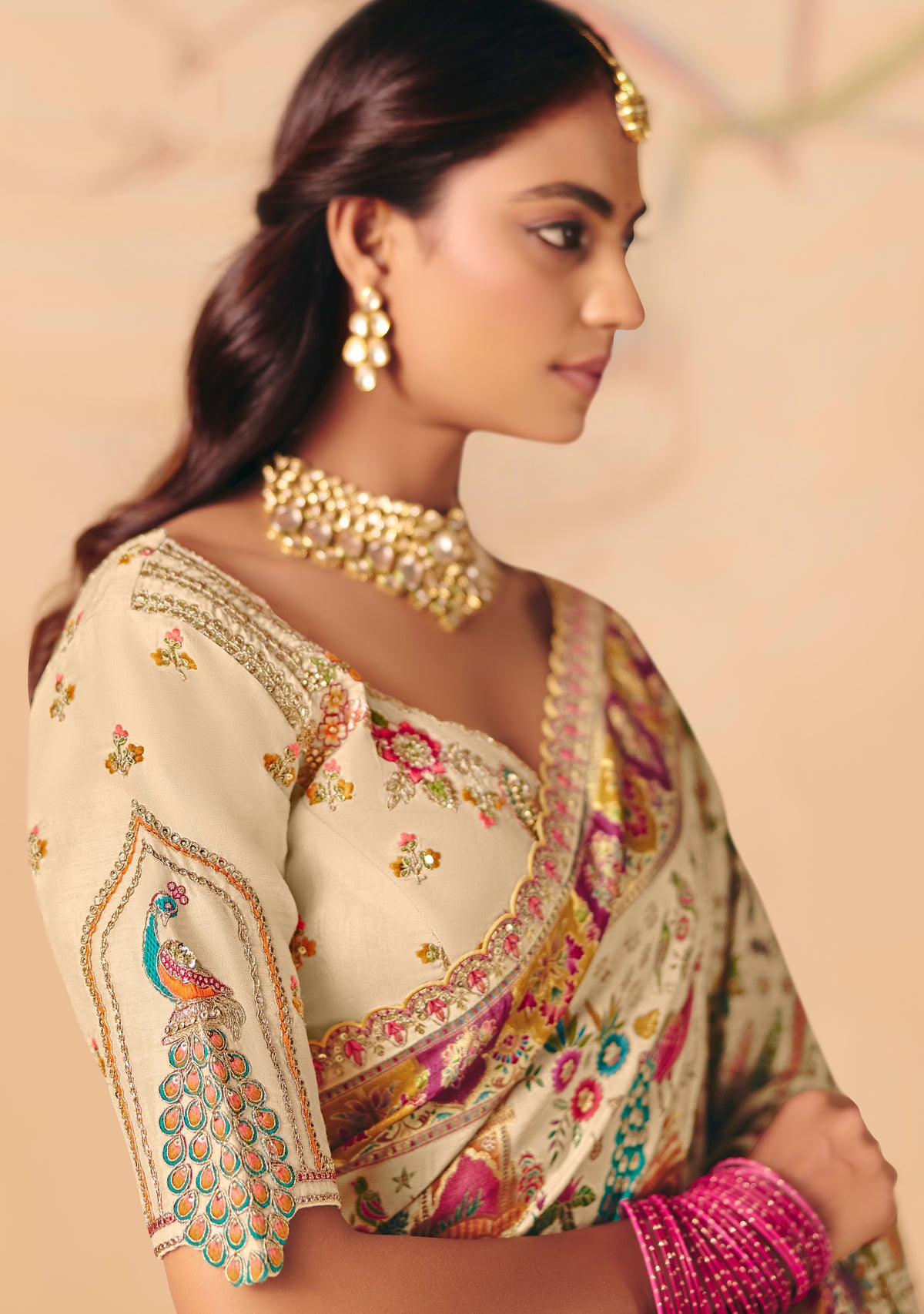 Cream Saree With  Heavy Embroidery, Sequin, Thread, and Stone Work On Patli & Cutwork Lace With Heavy Work Blouse