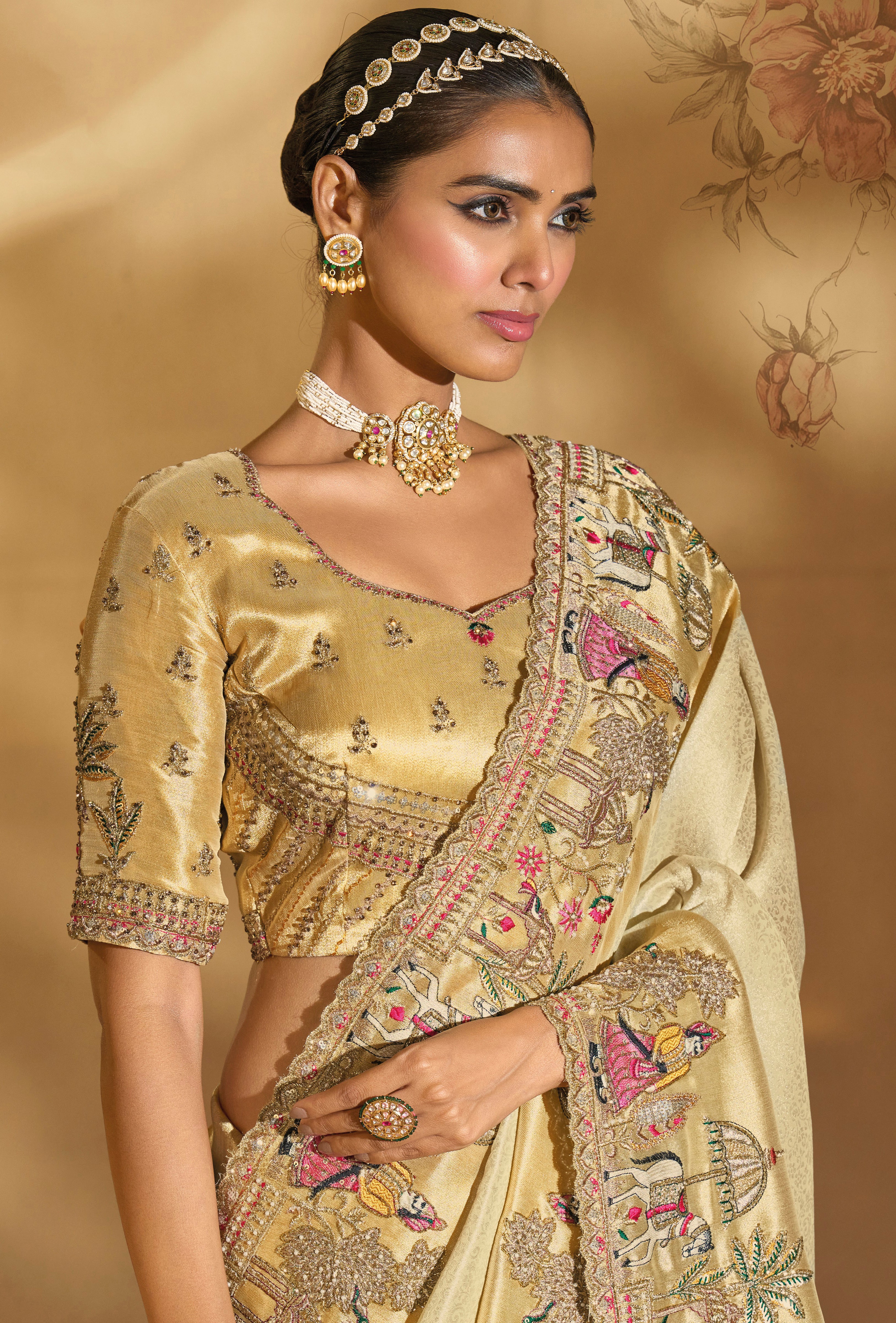 Cream Saree With  Jari, Thread, Cut-Dana With Moti Heavy Work
