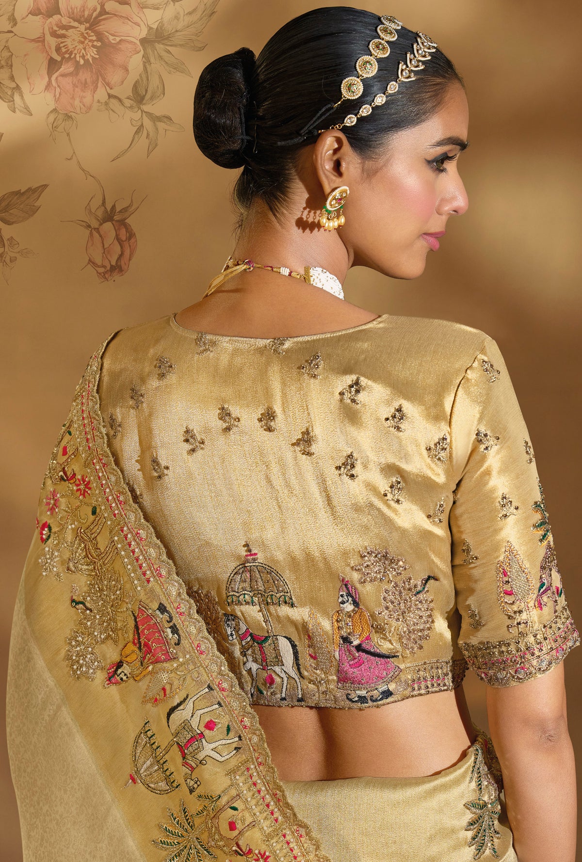 Cream Saree With  Jari, Thread, Cut-Dana With Moti Heavy Work