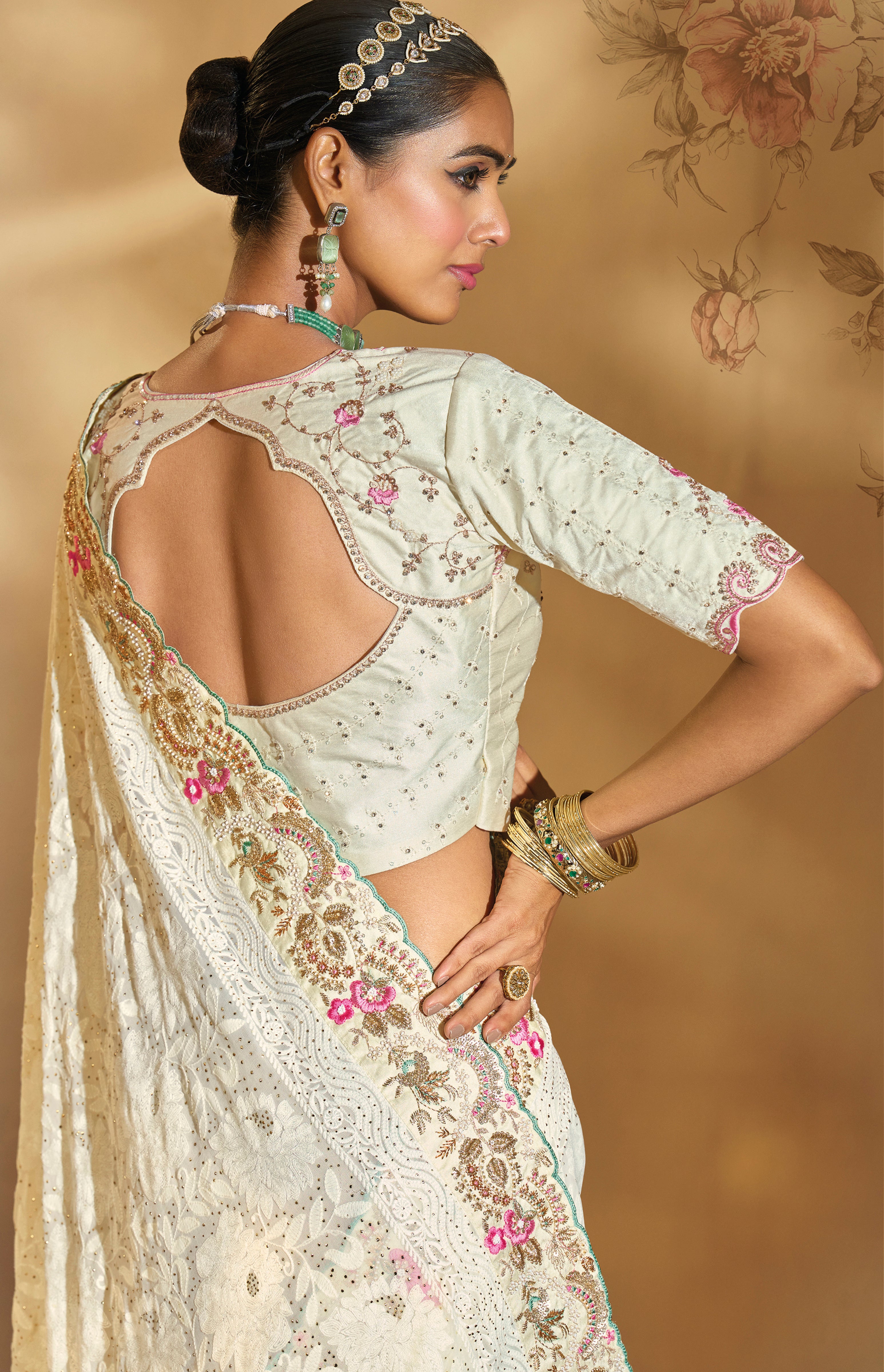 Cream Saree With  Lukhnowi, Cut-Dana, Moti With Mirror Heavy Work