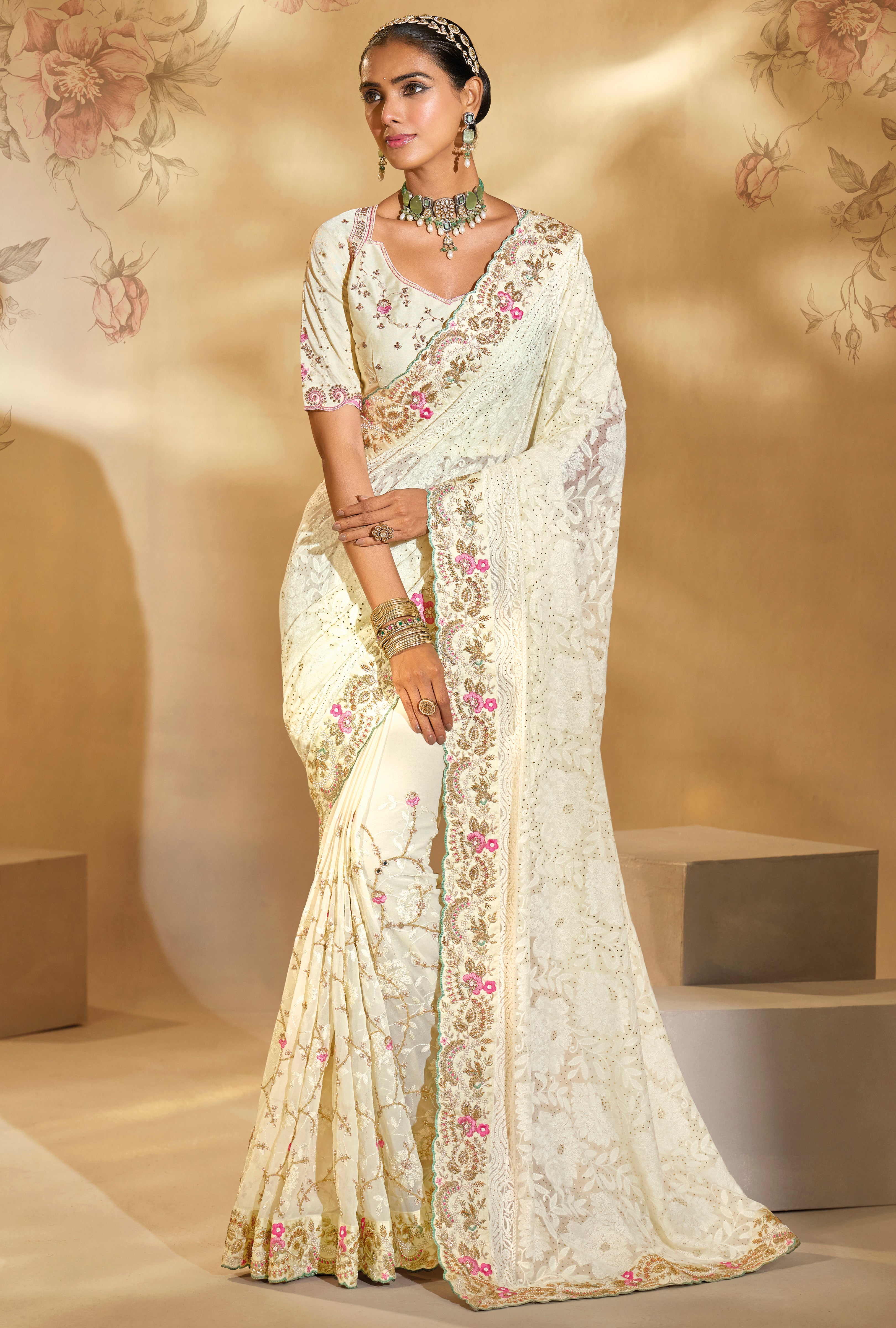 Cream Saree With  Lukhnowi, Cut-Dana, Moti With Mirror Heavy Work