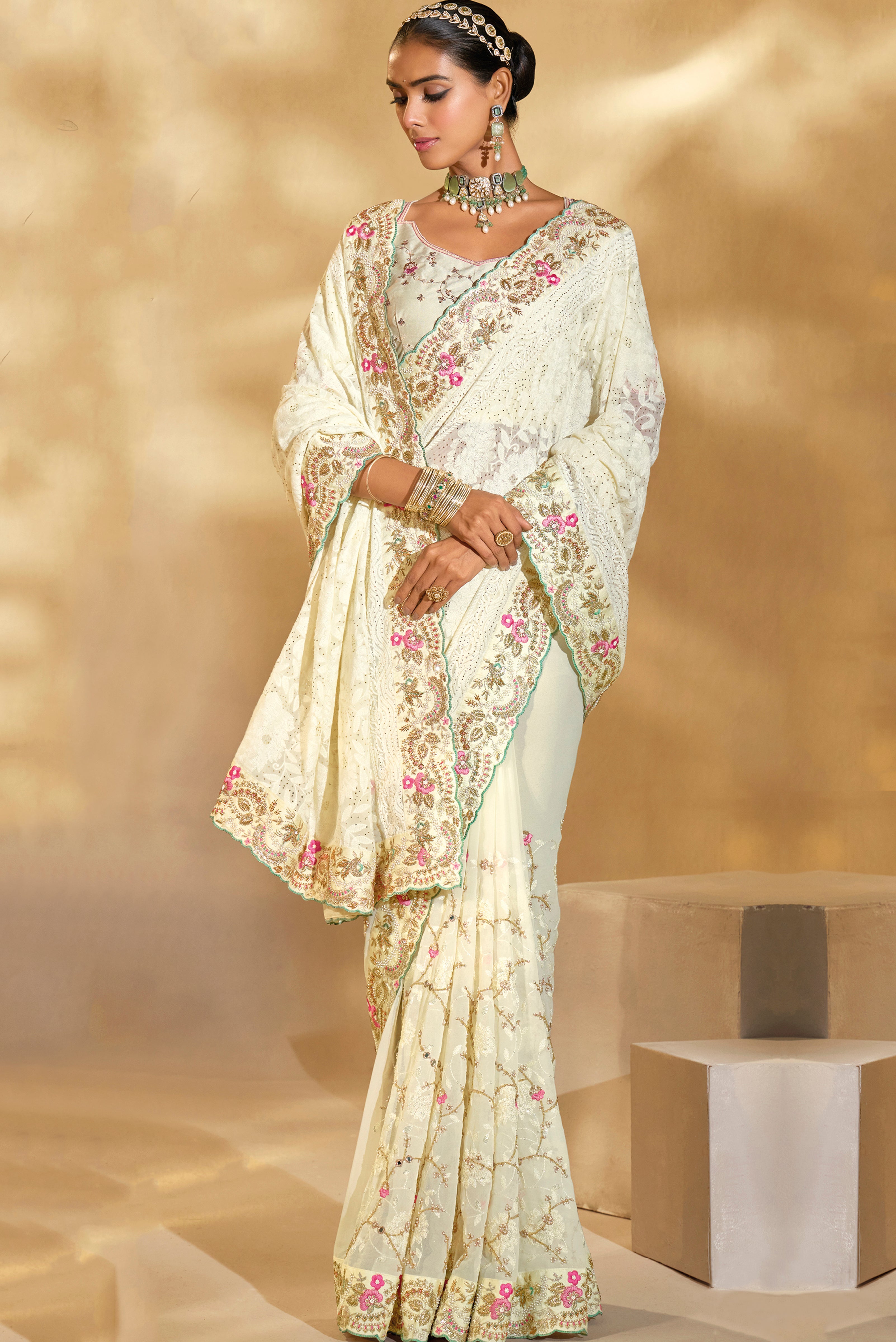 Cream Saree With  Lukhnowi, Cut-Dana, Moti With Mirror Heavy Work