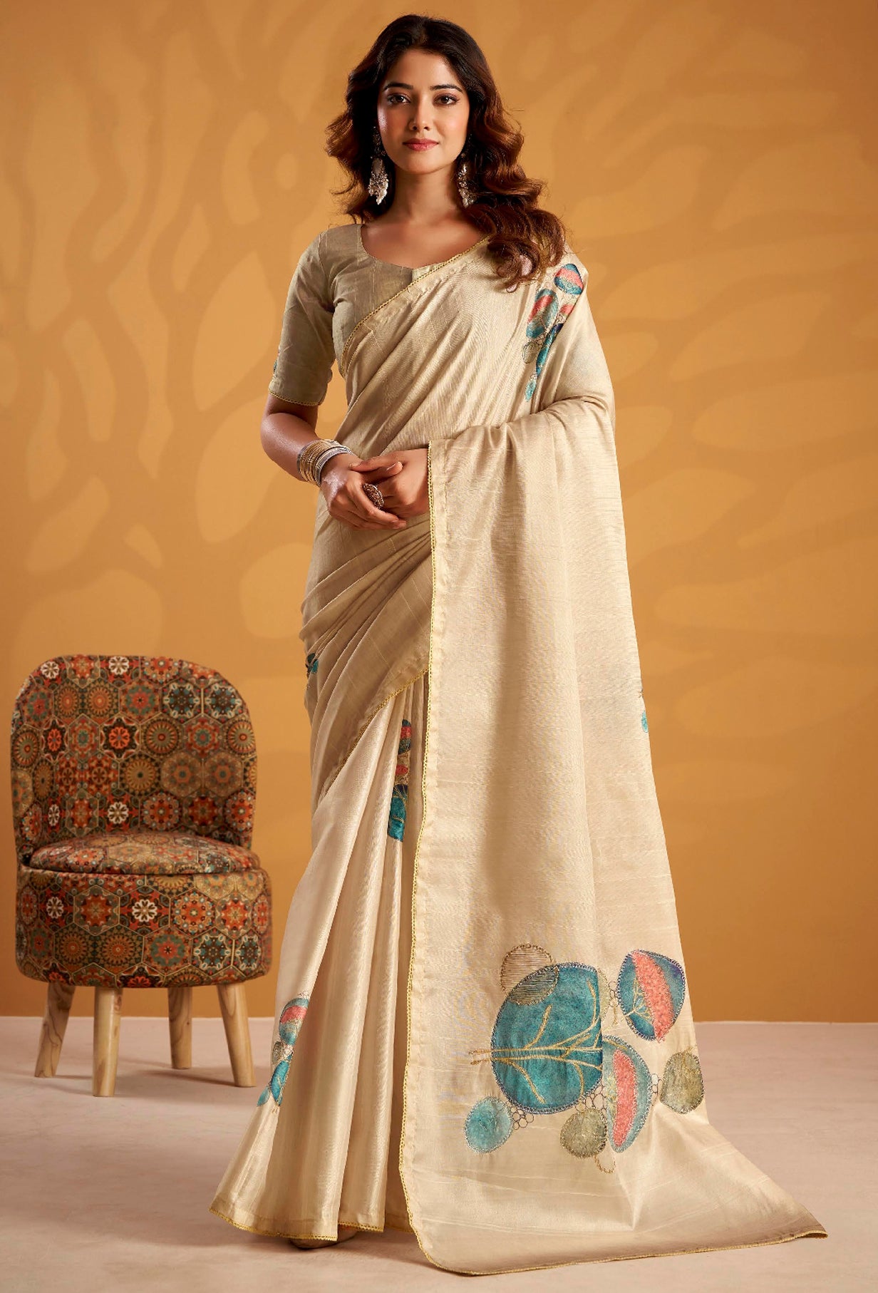 Cream Saree With  Printed With Kasheeda work