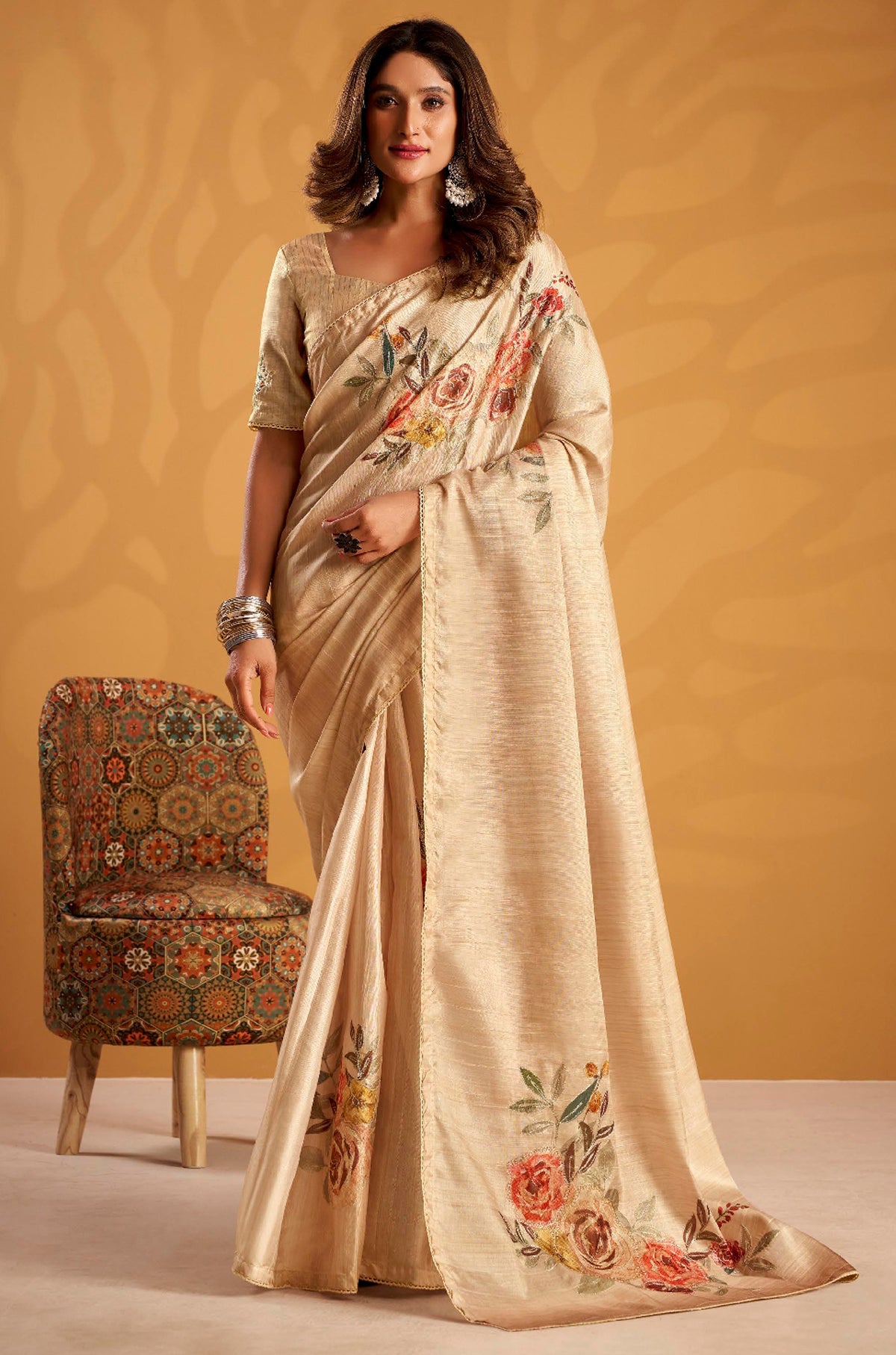 Cream Saree With  Printed With Kasheeda work