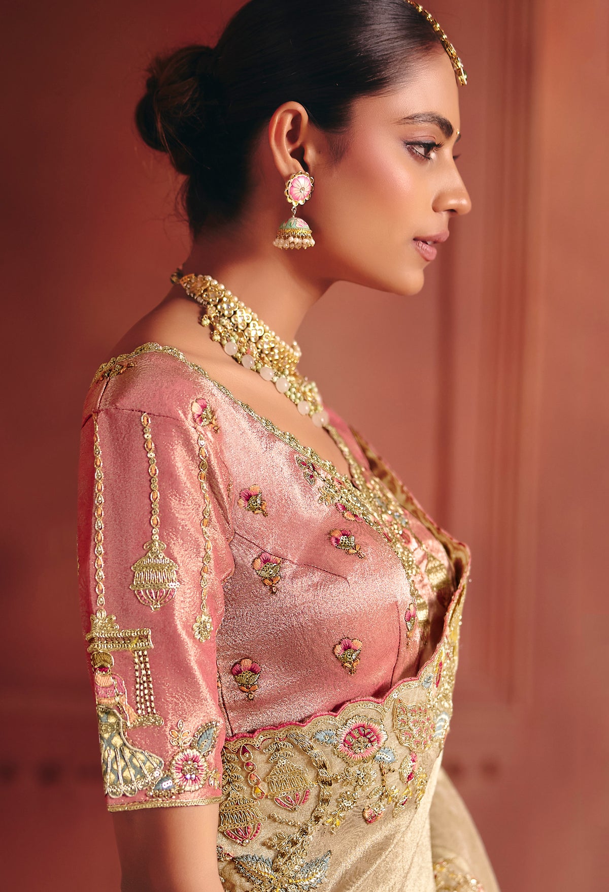 Cream Saree With  Sequin, Thread, Weaving Heavy Embroidery Work  With Heavy Embroidery Work Blouse