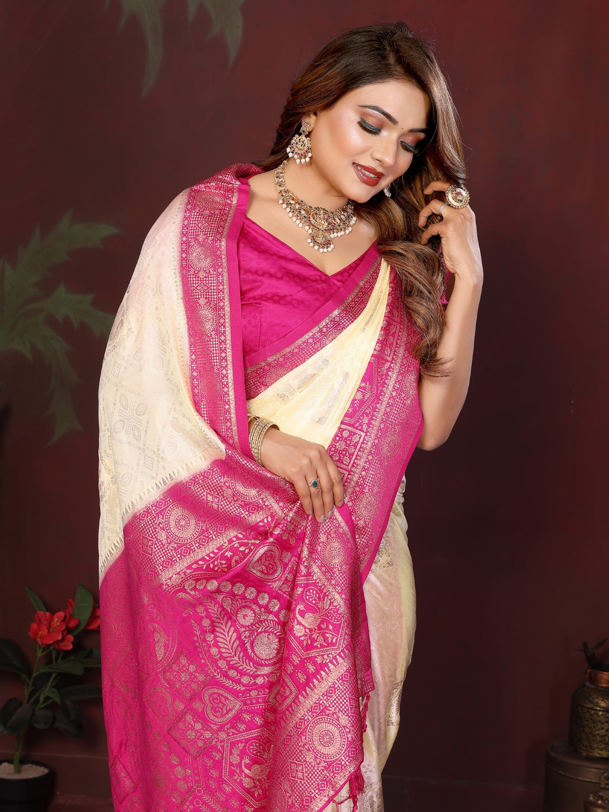 Cream Satin Silk Saree With Designer Zari Butta Designs