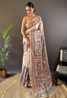 Cream Silk Blend Madhubani Printed Saree