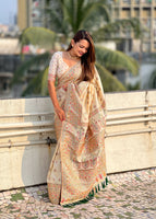 Cream Silk Blend Saree With Meenakari Kashmiri woven Work