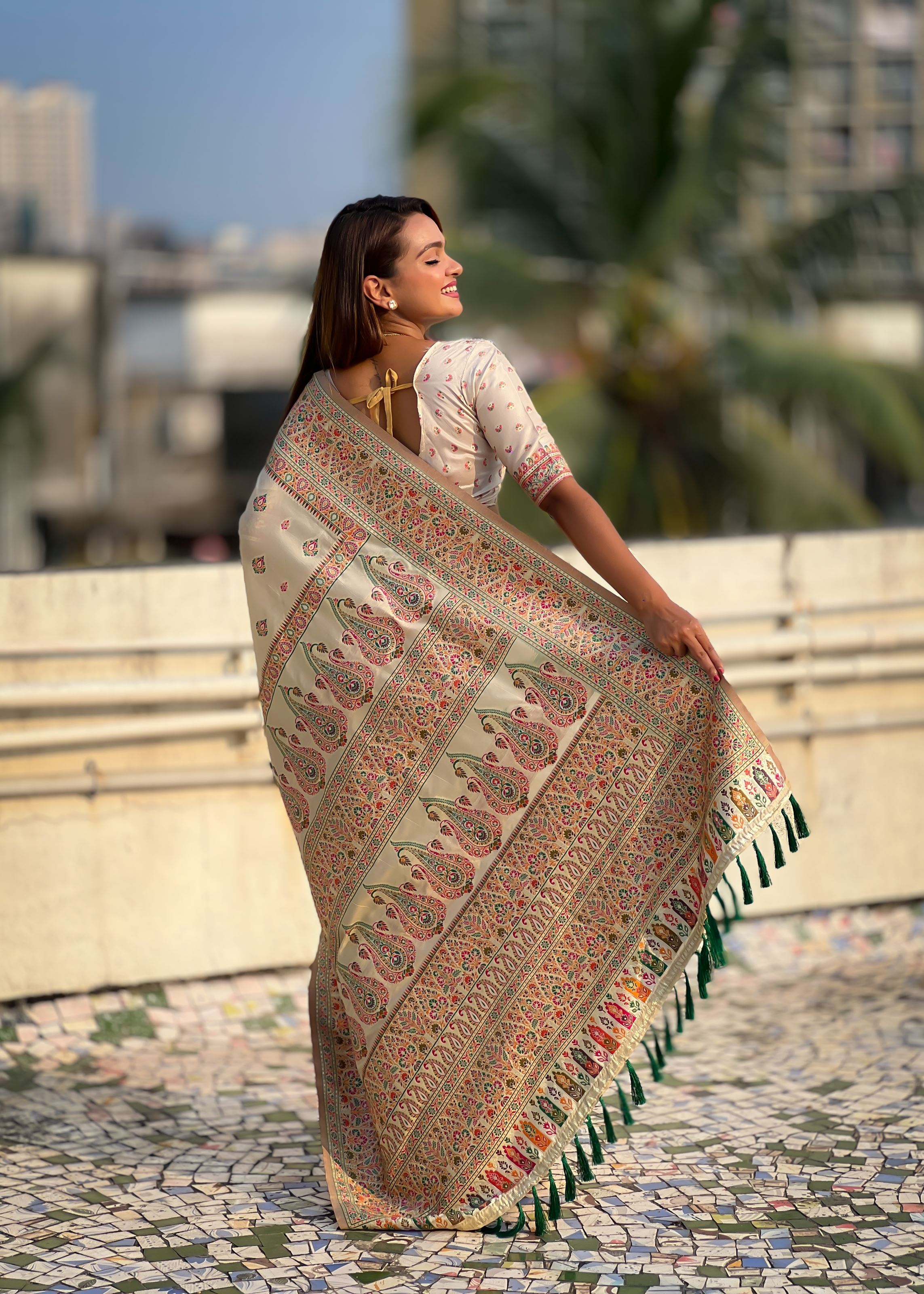 Cream Silk Blend Saree With Meenakari Kashmiri woven Work