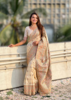 Cream Silk Blend Saree With Meenakari Kashmiri woven Work