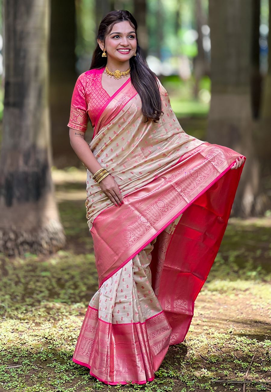 Cream Silk Blend  South Indian Kanchipuram Saree