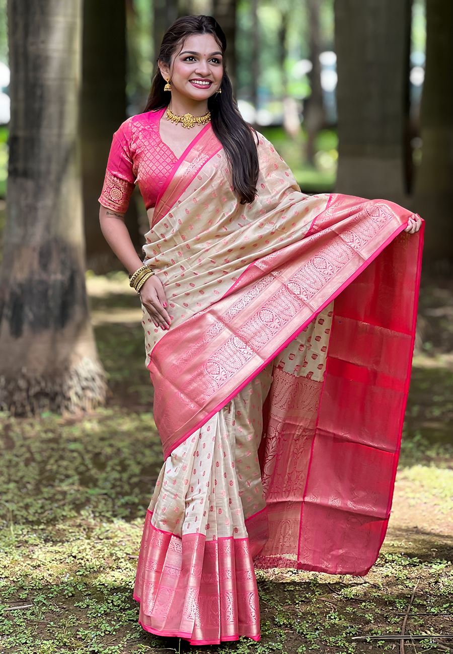 Cream Silk Blend  South Indian Kanchipuram Saree
