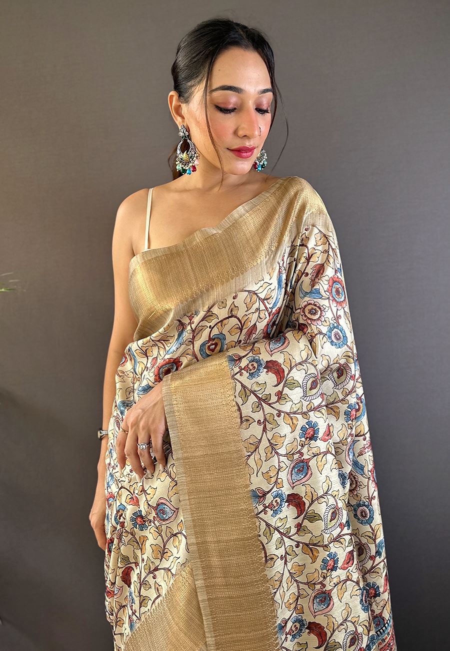 Cream Silk Cotton Kalamkari Printed Saree