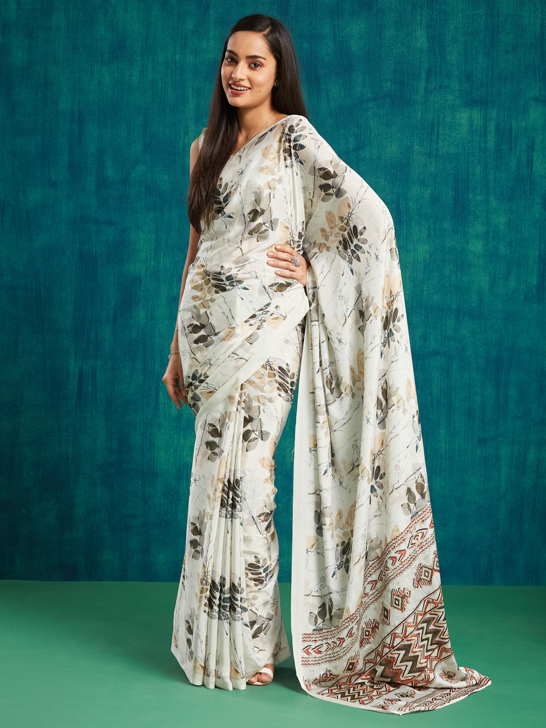 Cream Silk Crepe Designer Digital Printed Ready To Wear Saree