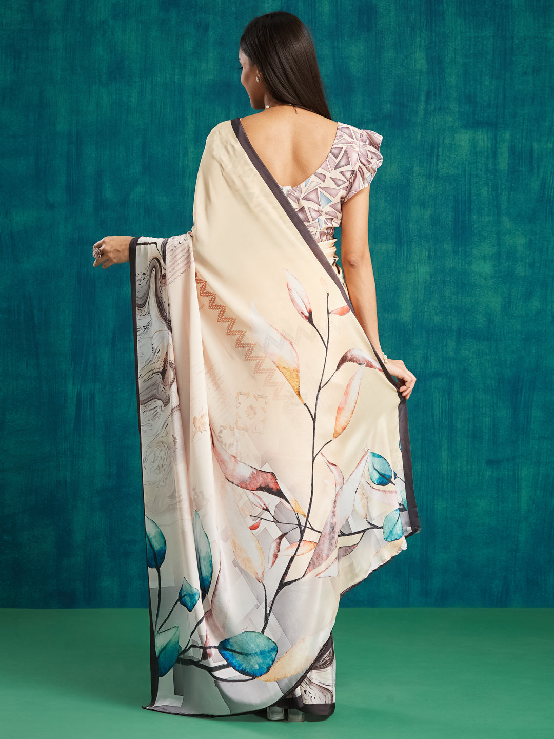 Cream Silk Crepe Designer Digital Printed Ready To Wear Saree