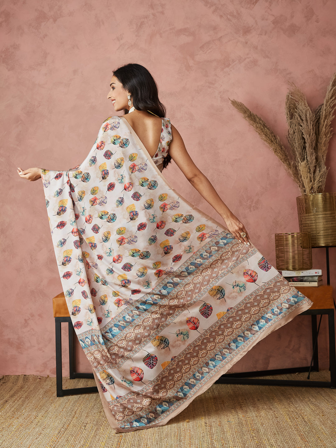 Cream Silk Crepe Designer Printed Ready To Wear Saree