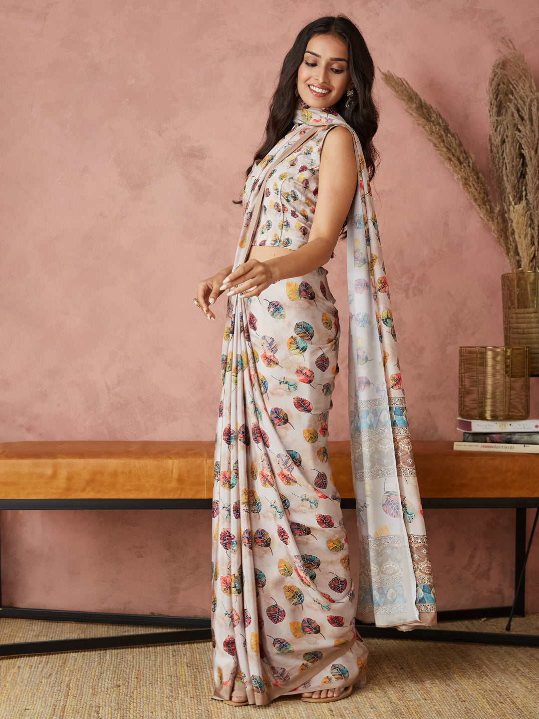 Cream Silk Crepe Designer Printed Ready To Wear Saree