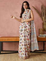 Cream Silk Crepe Designer Printed Ready To Wear Saree