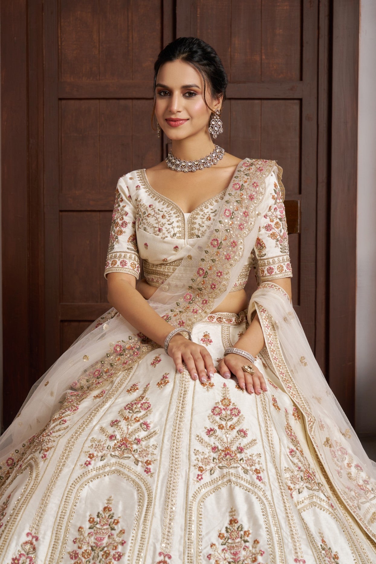 Cream Silk Double Dupatta Bridal Lehenga Choli with Multicolor Embroidery