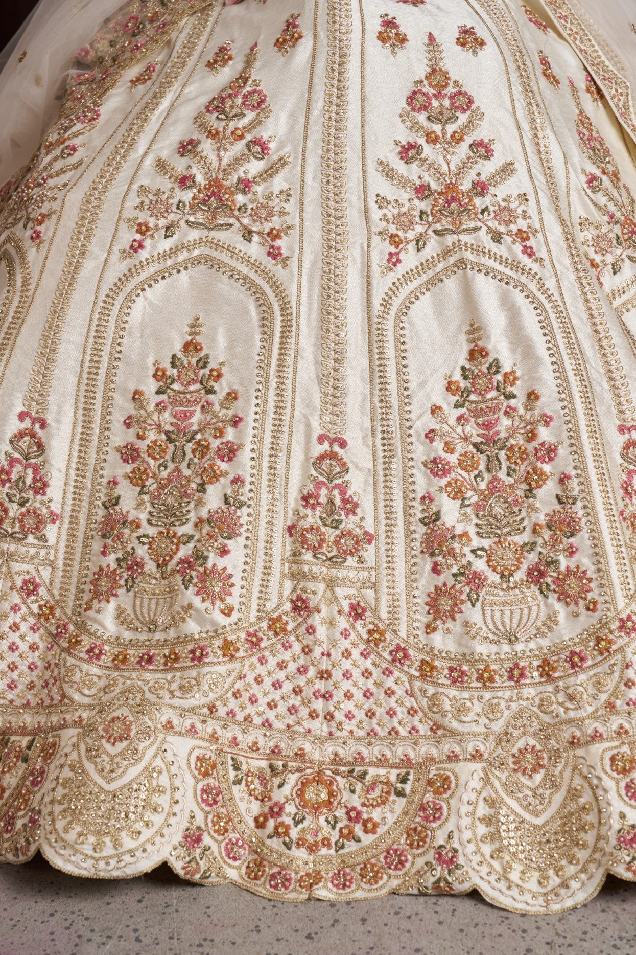 Cream Silk Double Dupatta Bridal Lehenga Choli with Multicolor Embroidery