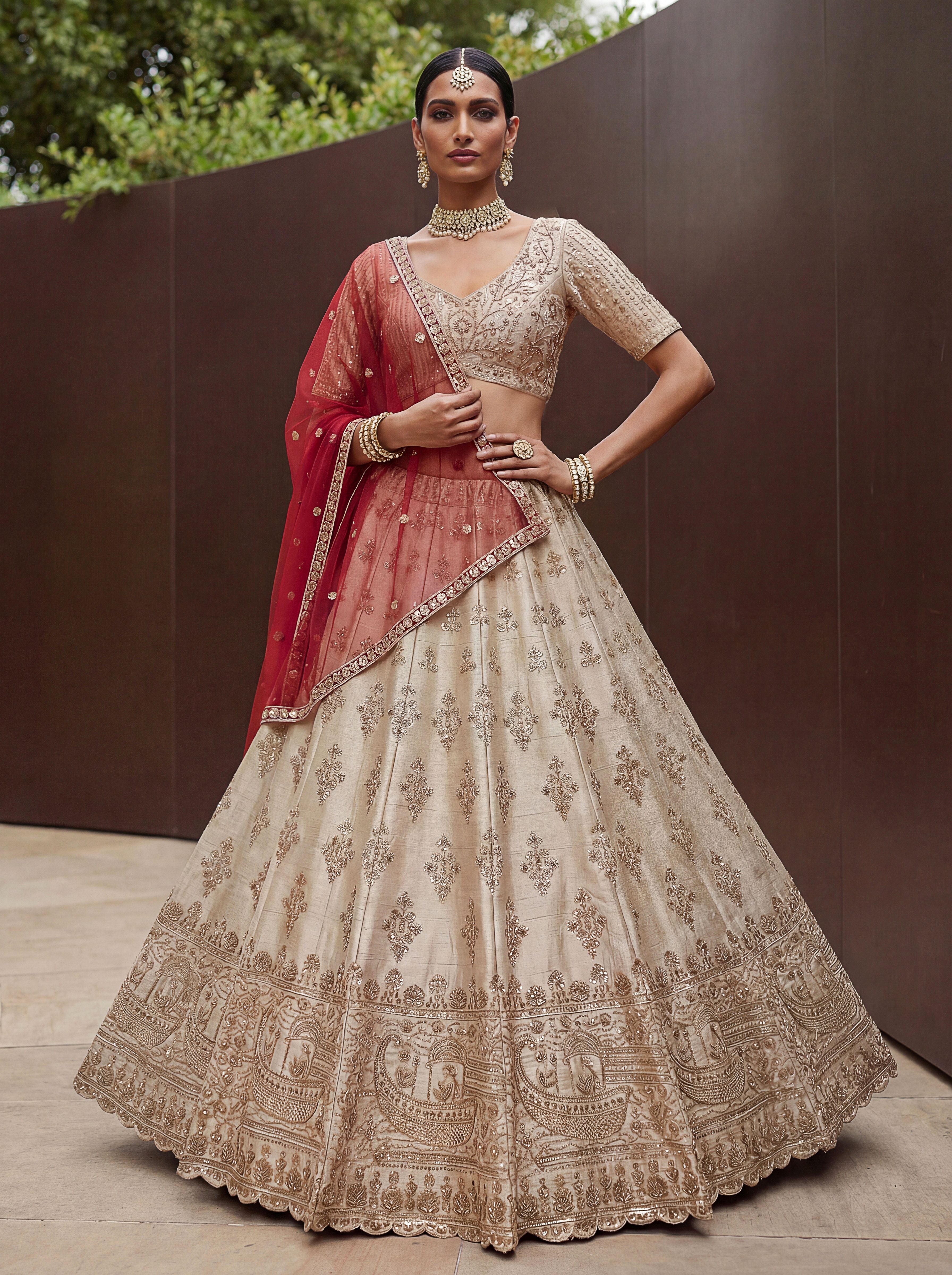 Cream Silk Lehenga Choli With Hand Work With Jari Embroidery And Pipe Work
